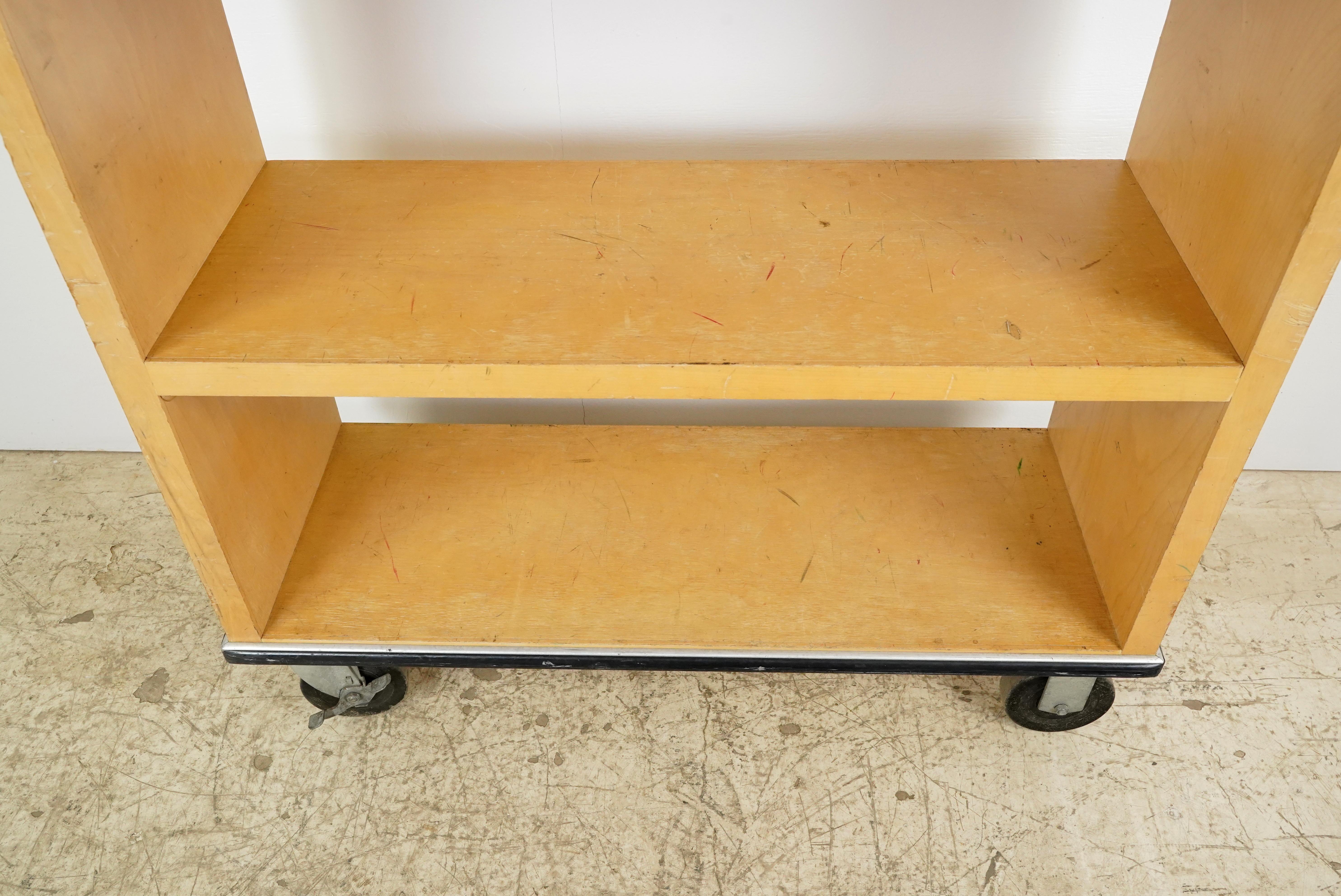 Industrial 3 Shelf Rolling Maple Library Book Cart For Sale
