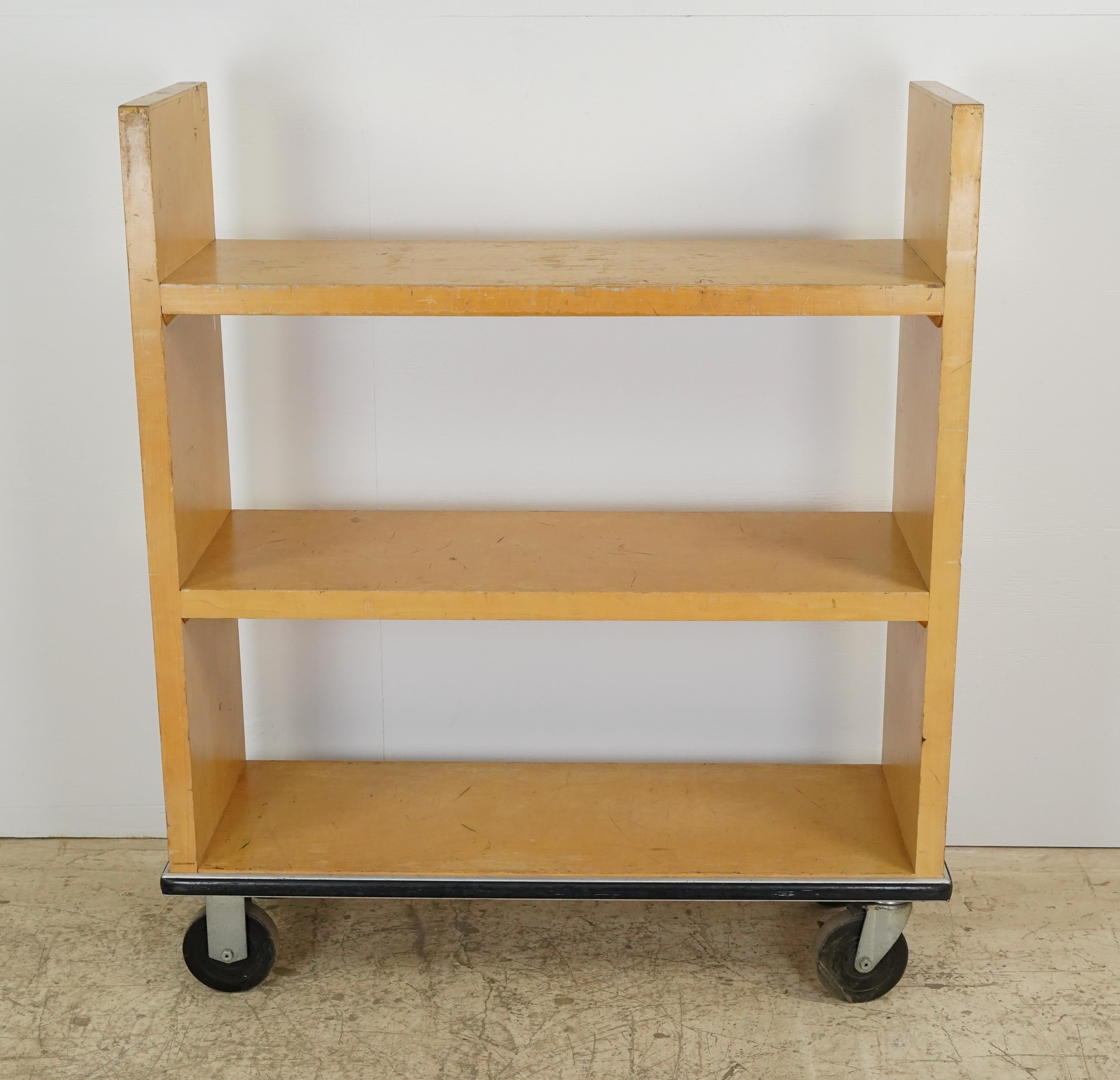 Steel 3 Shelf Rolling Maple Library Book Cart For Sale