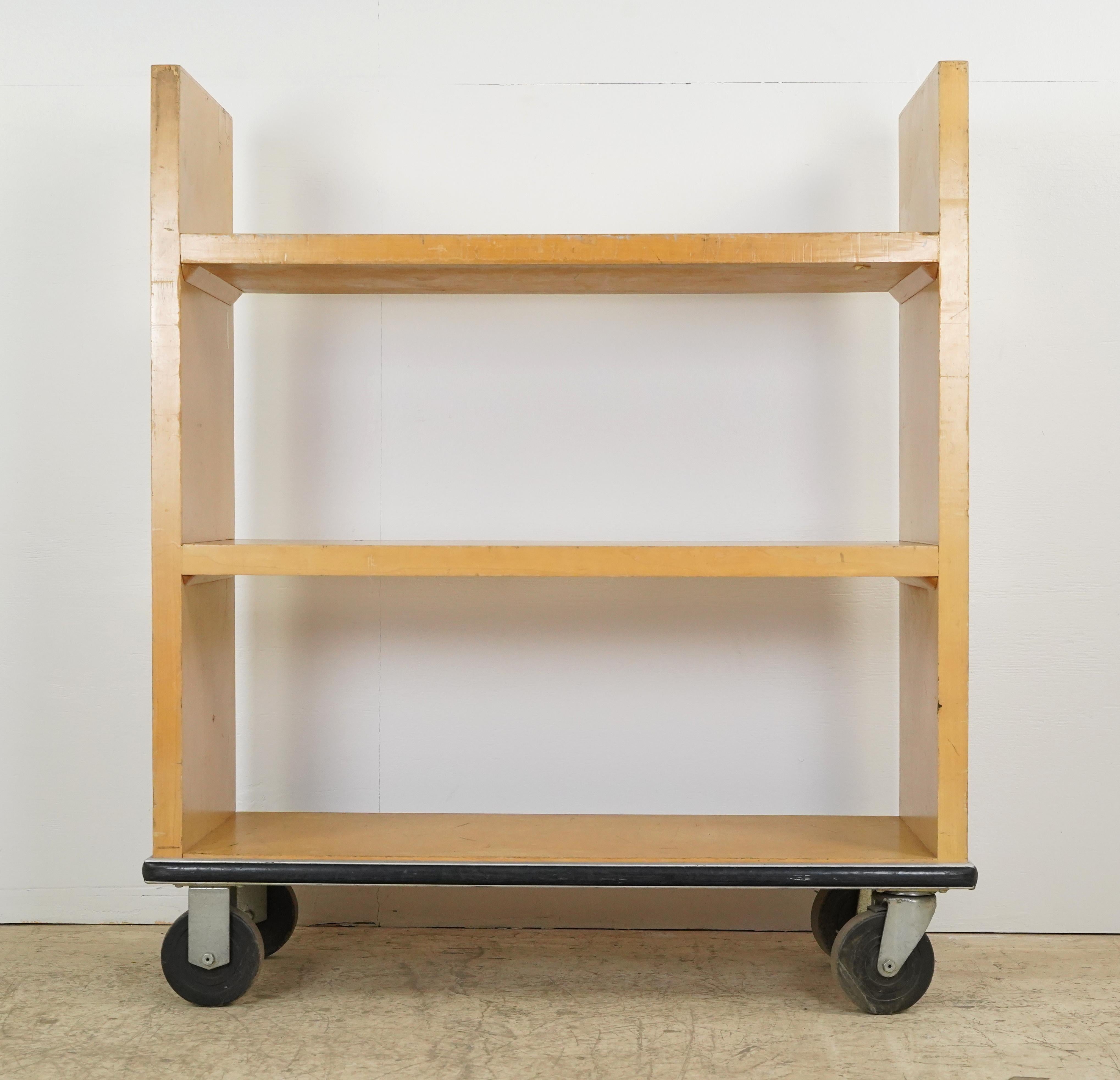 3 Shelf Rolling Maple Library Book Cart For Sale 1