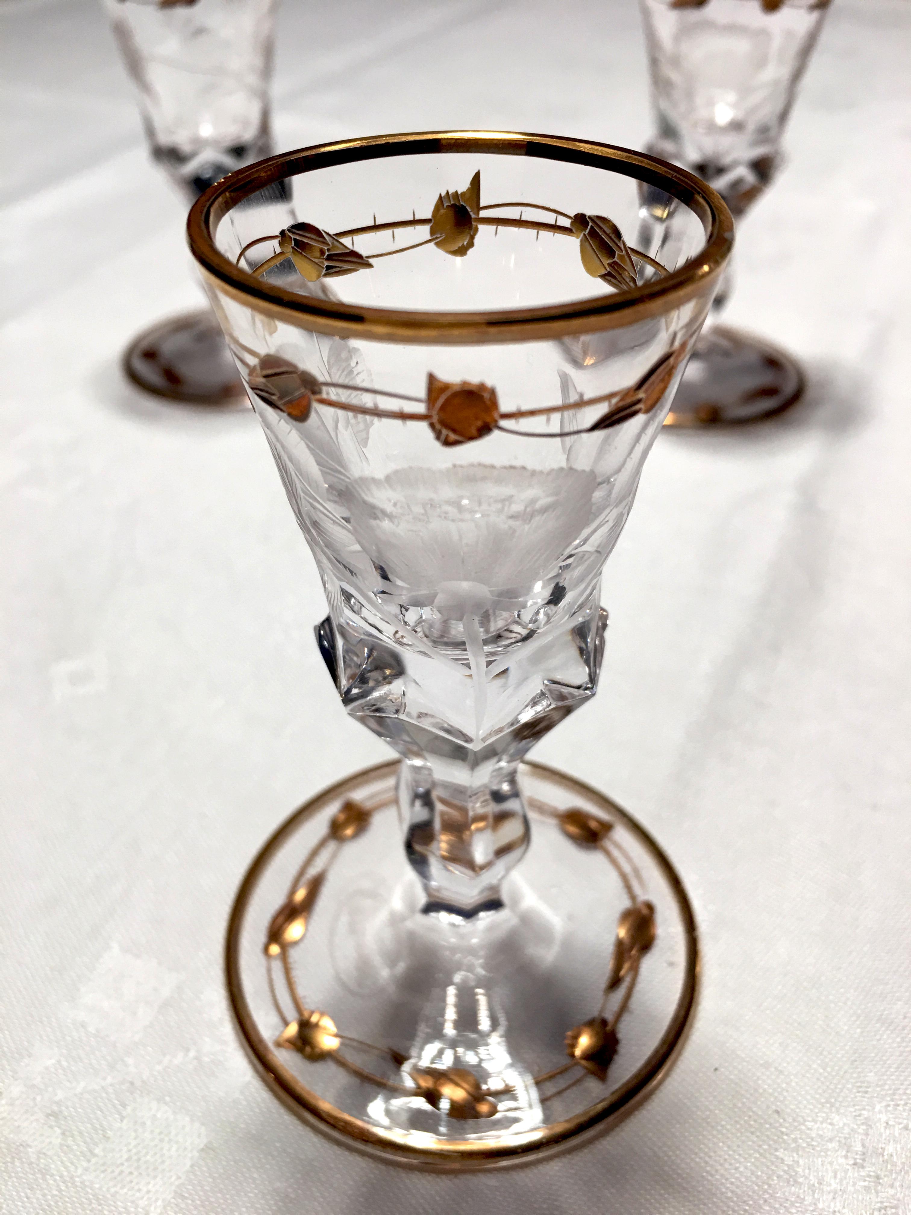 These are rare 3 shot or liquor glasses of hand blown crystal water glasses made by Moser in the ever popular Art Nouveau 
