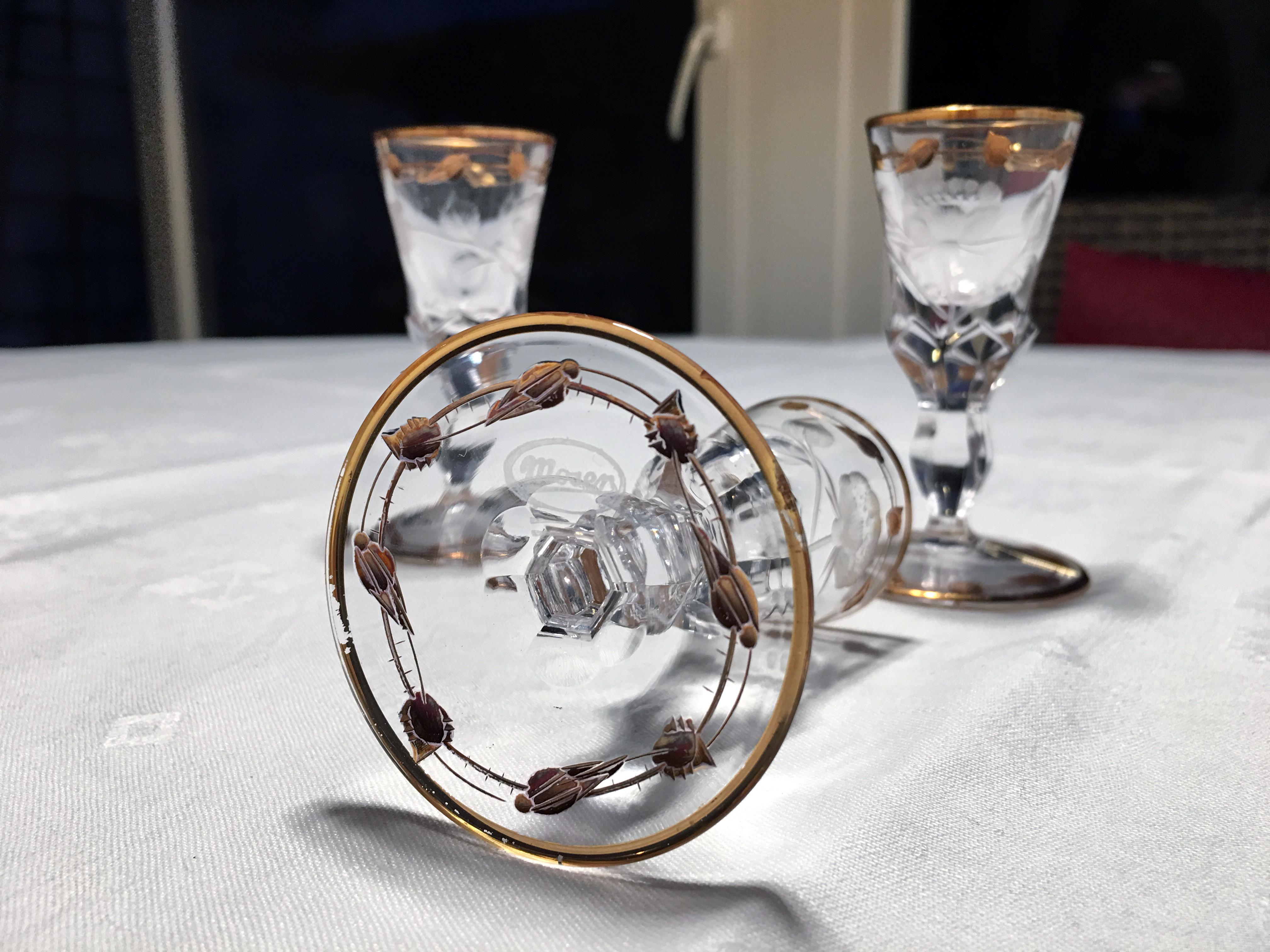 Art Nouveau 3 Shot or Liquor Glasses Hand Blown, Engraved, Gilded Rose 'Paula' by Moser