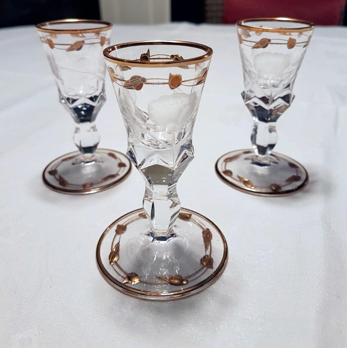 Czech 3 Shot or Liquor Glasses Hand Blown, Engraved, Gilded Rose 'Paula' by Moser