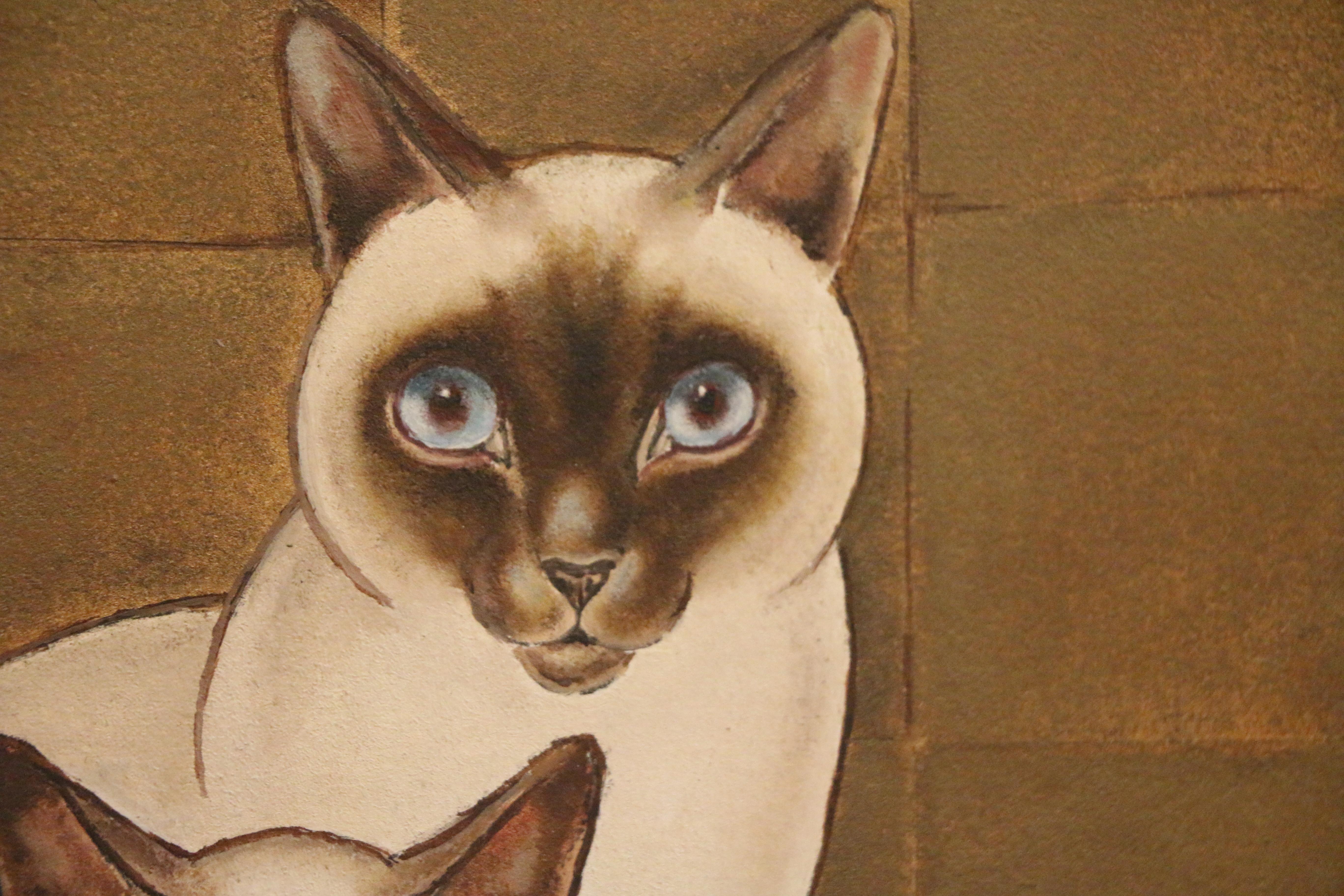 Painted 3 Siamese Cats, Oil on Panel by Jacques Nam, France, Art Deco, 1930's