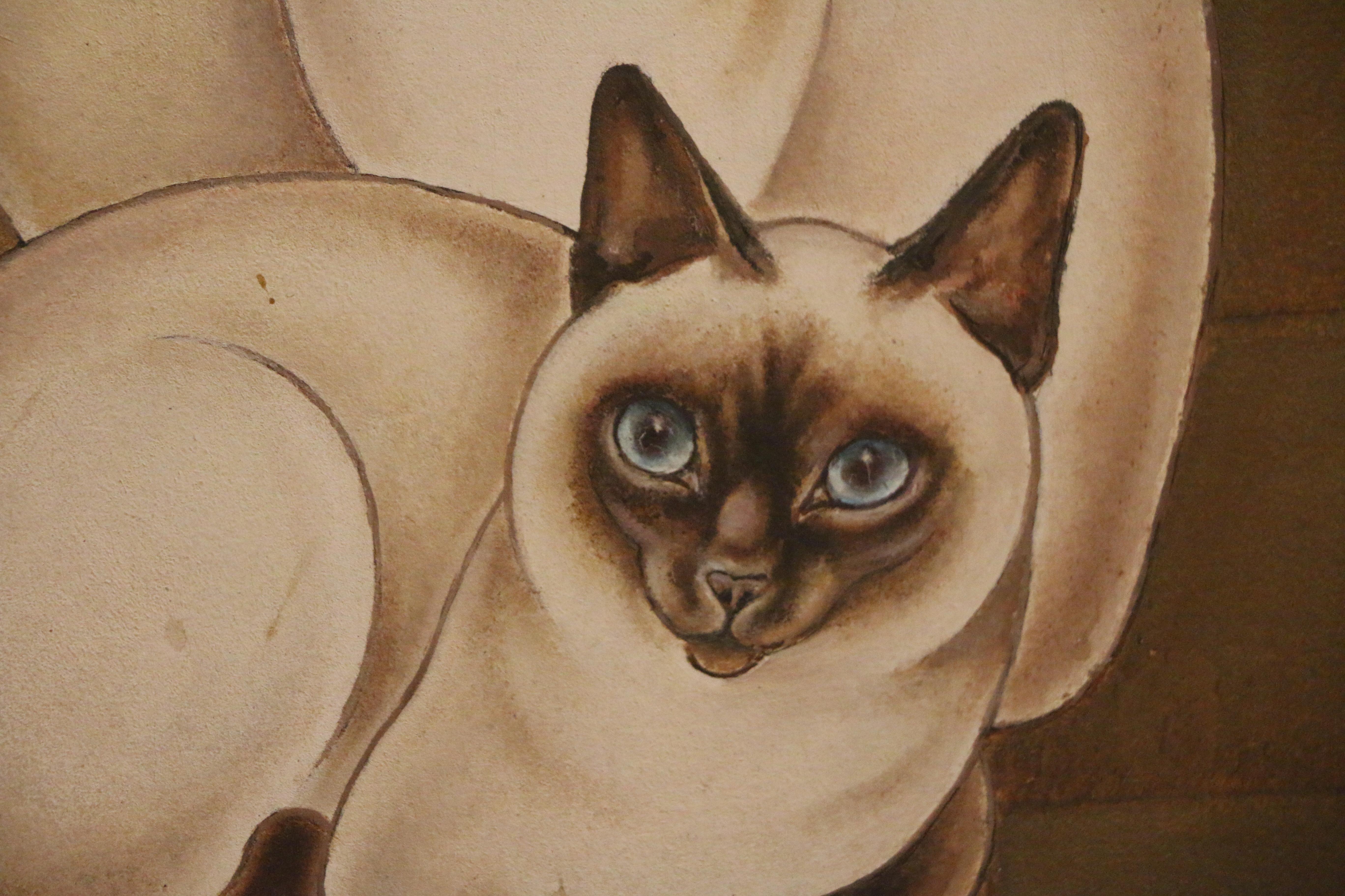 Mid-20th Century 3 Siamese Cats, Oil on Panel by Jacques Nam, France, Art Deco, 1930's