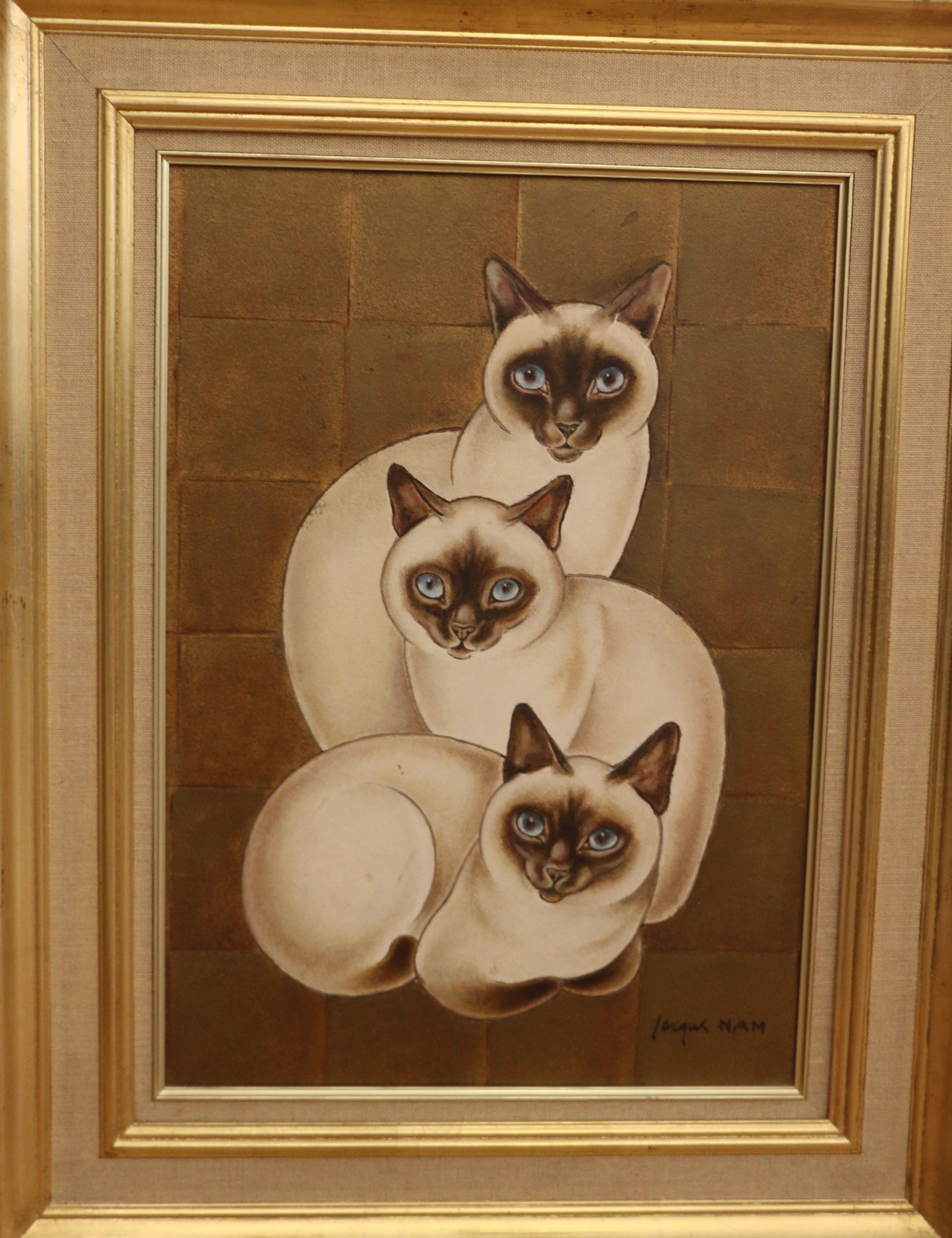 Plywood 3 Siamese Cats, Oil on Panel by Jacques Nam, France, Art Deco, 1930's