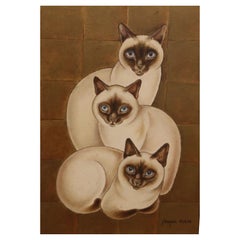 3 Siamese Cats, Oil on Panel by Jacques Nam, France, Art Deco, 1930's