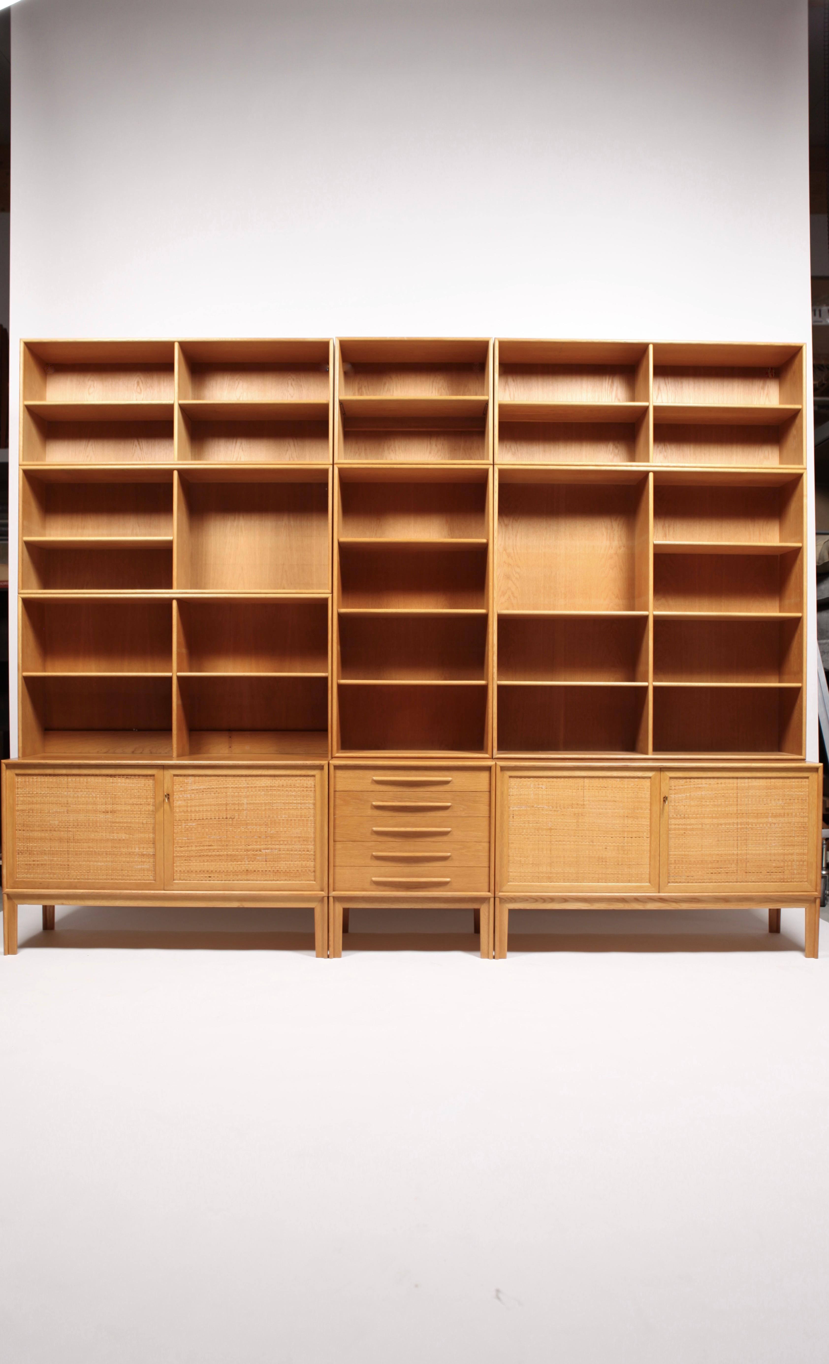Scandinavian Modern 3 Sideboards with Bookcases in Oak and Cane by Alf Svensson, 1963