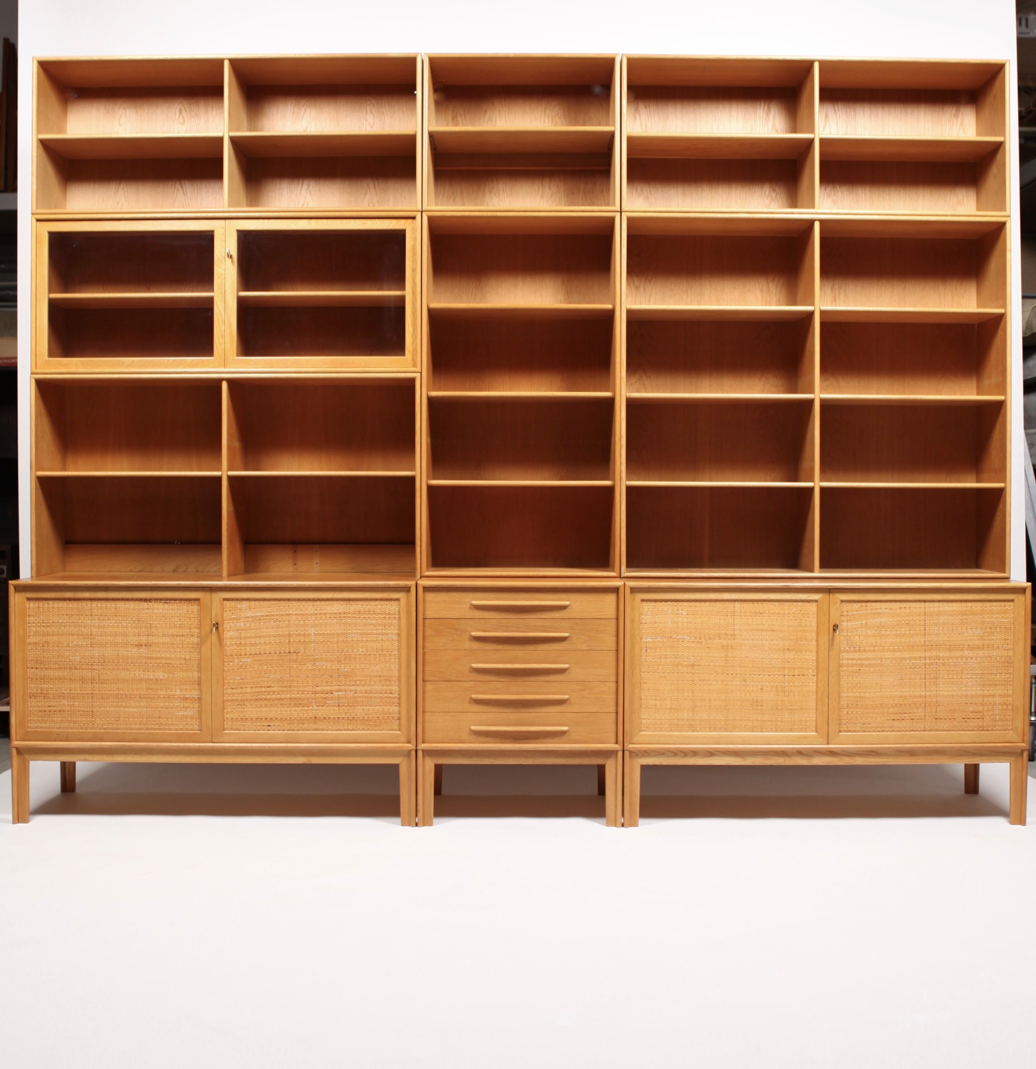 Swedish 3 Sideboards with Bookcases in Oak and Cane by Alf Svensson, 1963
