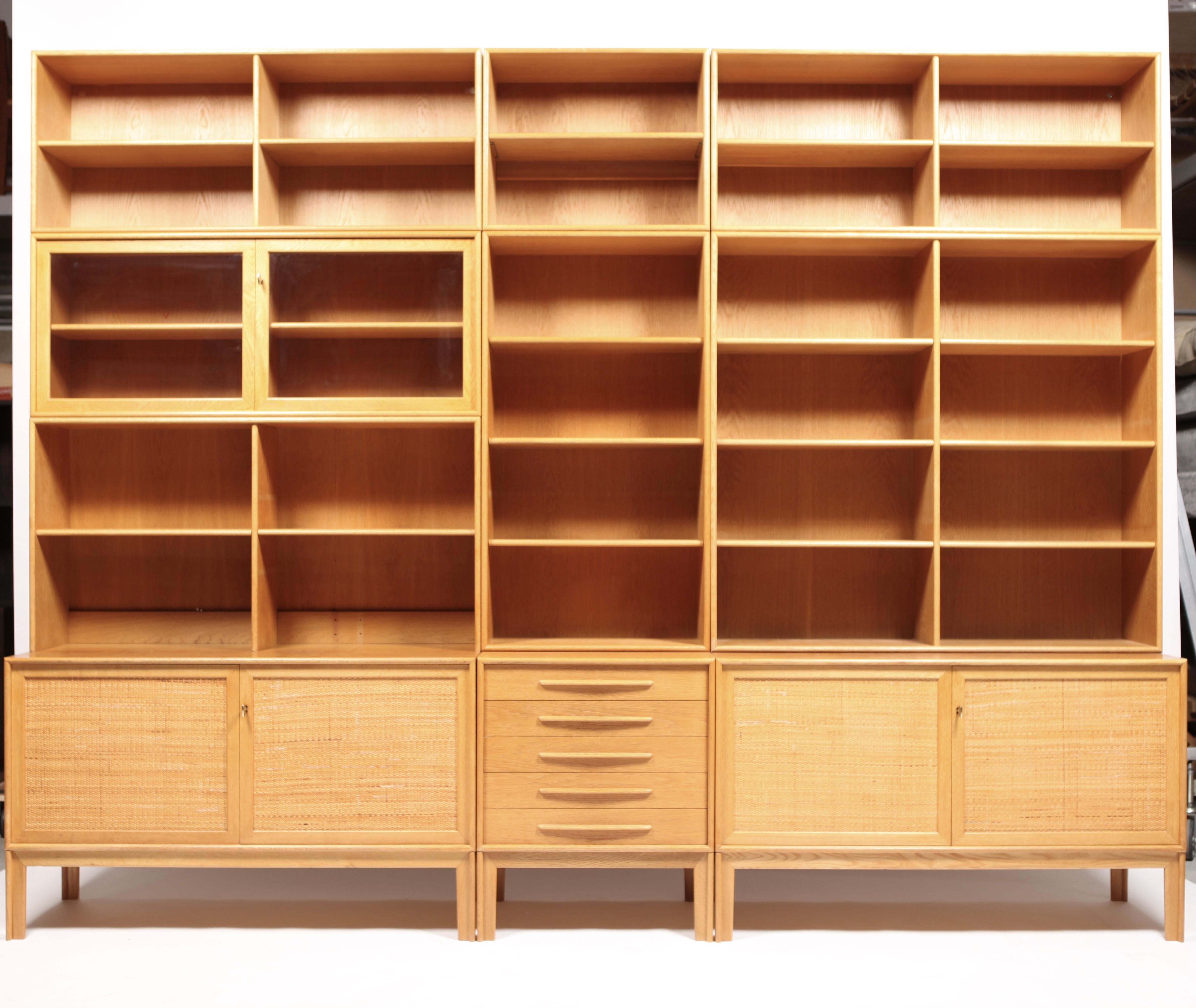 Rattan 3 Sideboards with Bookcases in Oak and Cane by Alf Svensson, 1963