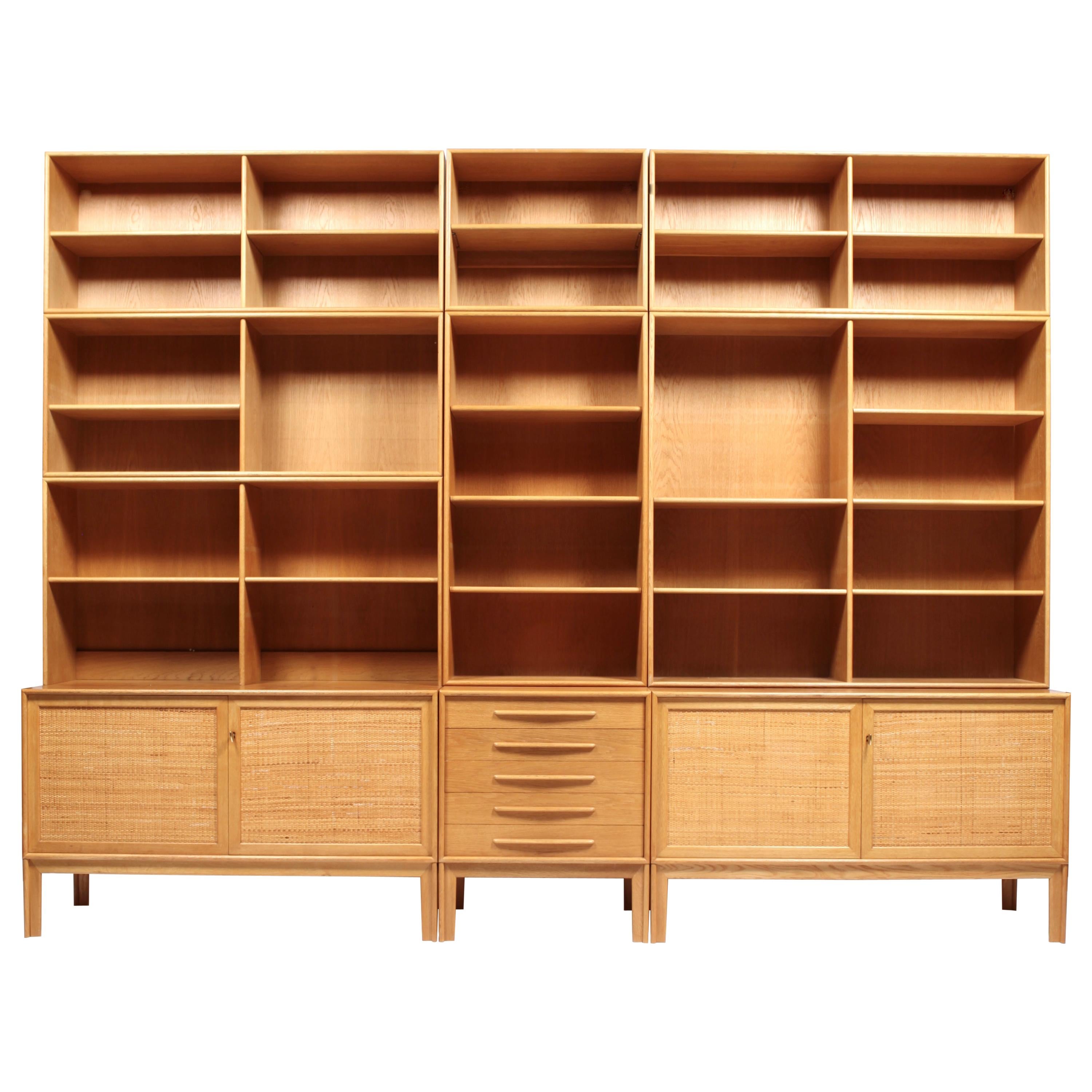 3 Sideboards with Bookcases in Oak and Cane by Alf Svensson, 1963