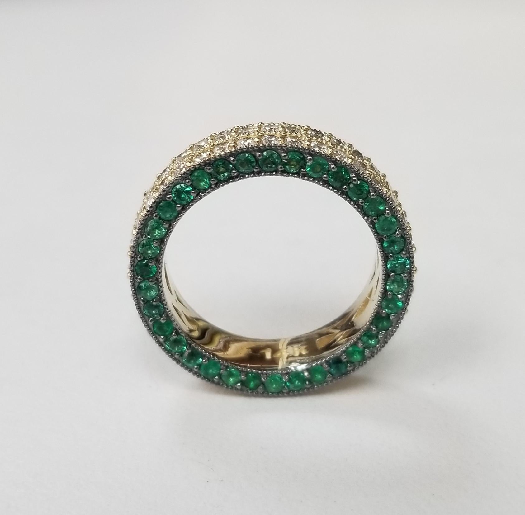 Contemporary 3 sided Diamond and Emerald Pave Eternity Ring For Sale
