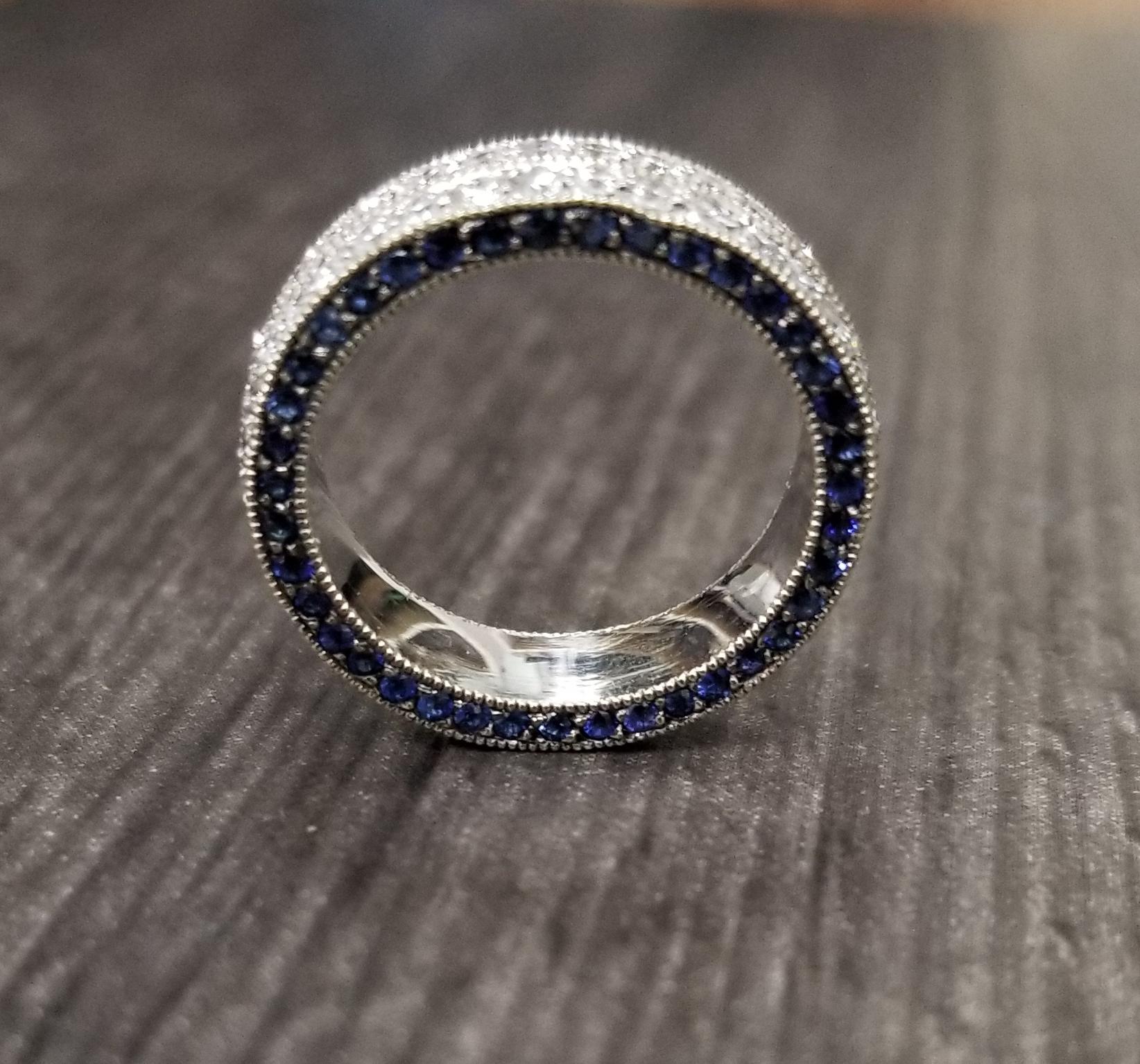Round Cut 3 sided Diamond and Sapphire Pave Eternity Ring For Sale