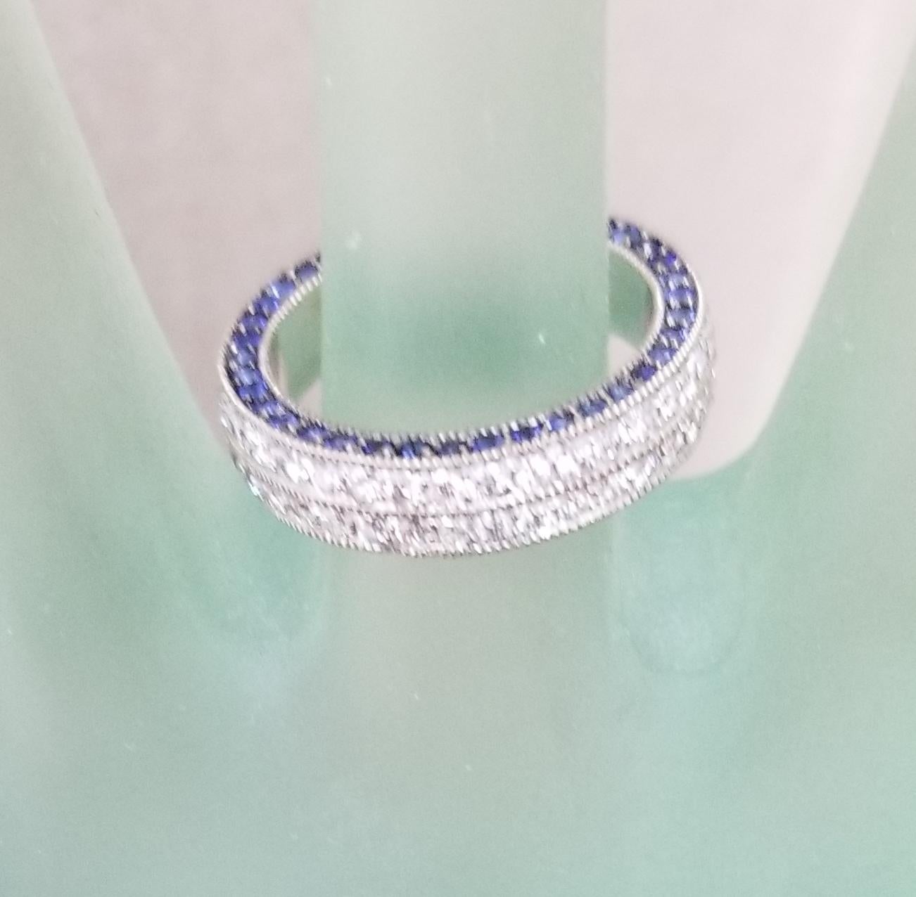 Women's 3 sided Diamond and Sapphire Pave Eternity Ring For Sale