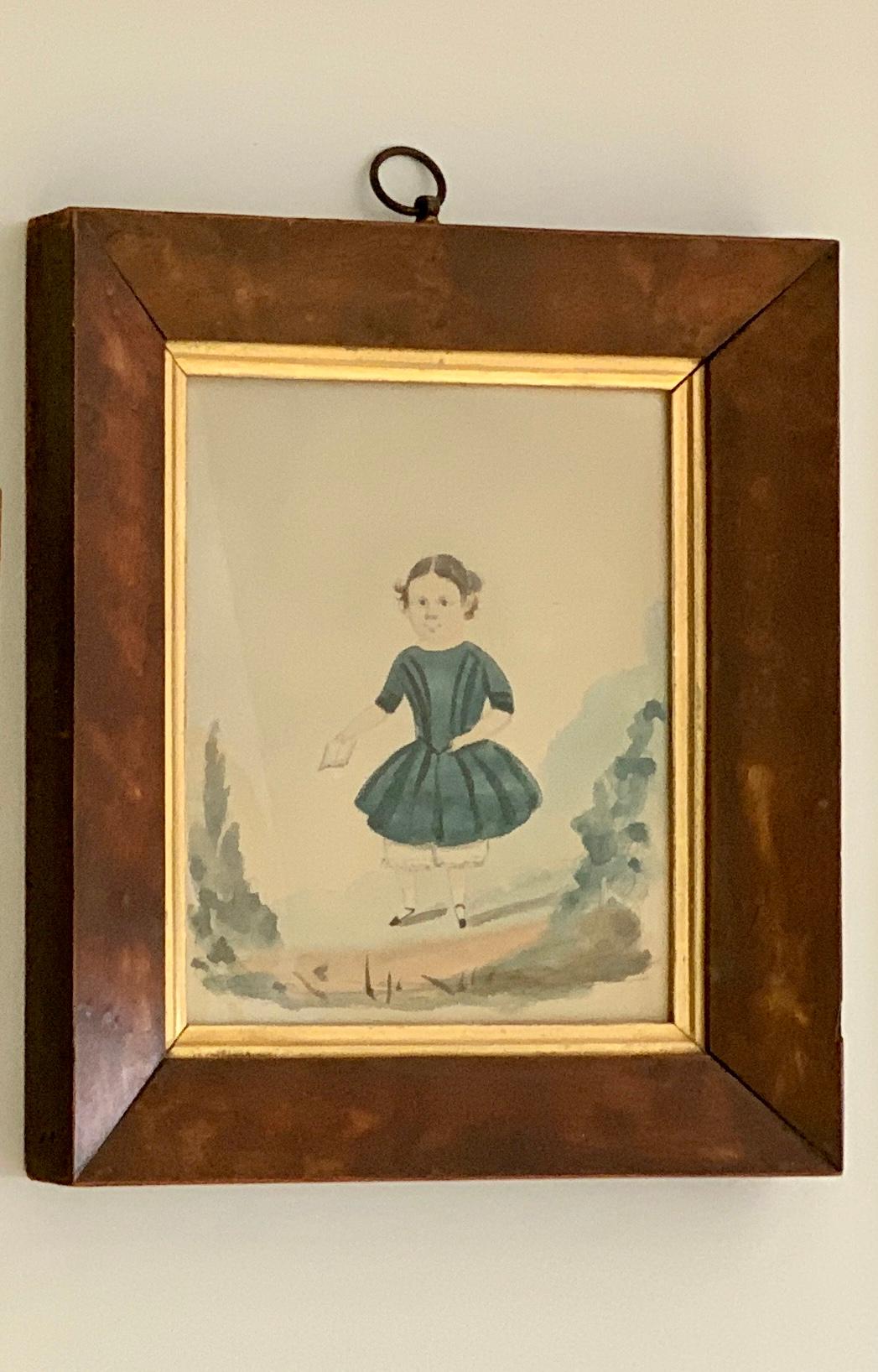Three hand painted watercolor portraits of little girls.
These watercolor portraits each capture that girl's unique personality and expression. 
Painted by skilled portrait artists of the mid-19th-century English School, they exemplify the