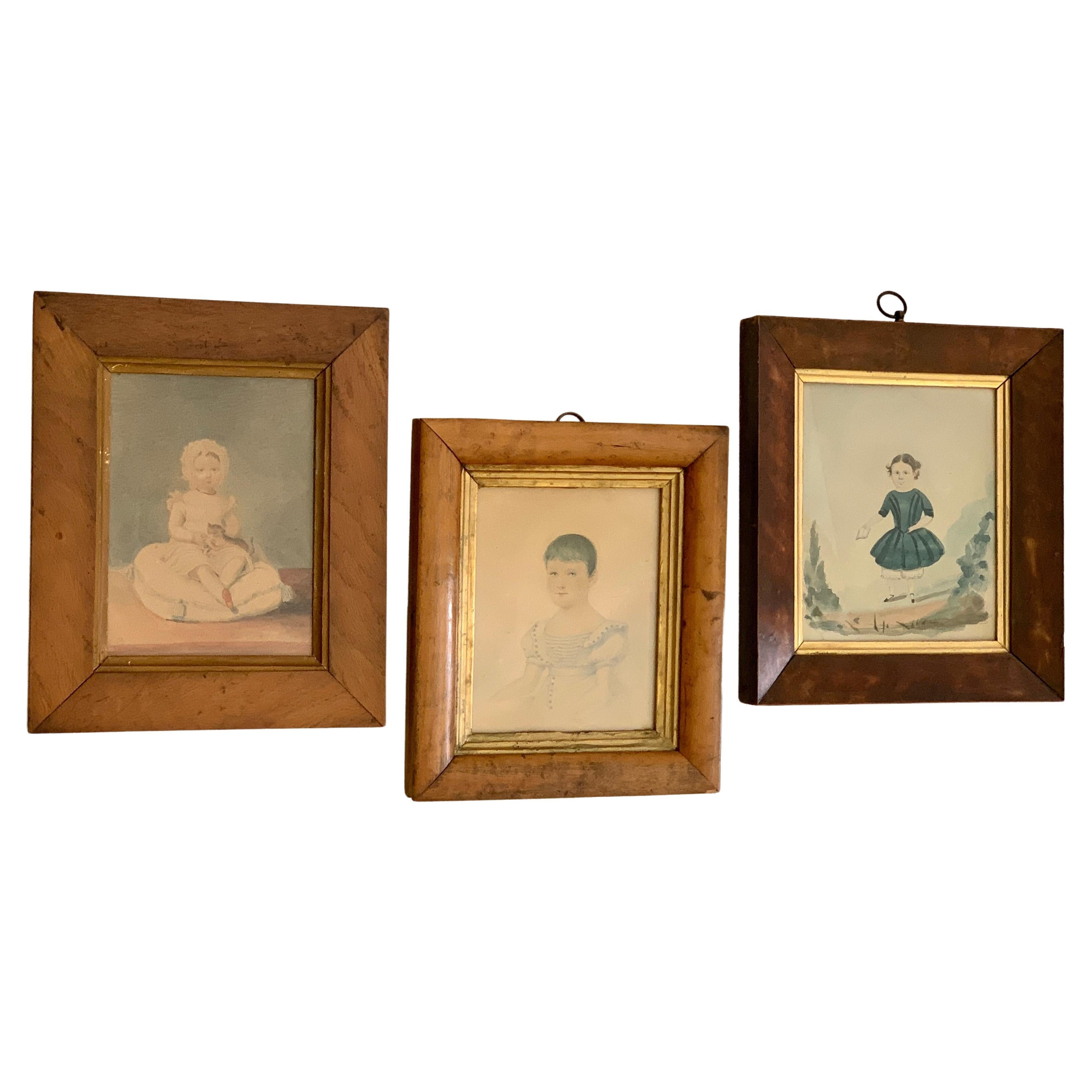 3 Small Watercolor Portraits of Little Girls, England, circa 1840 For Sale