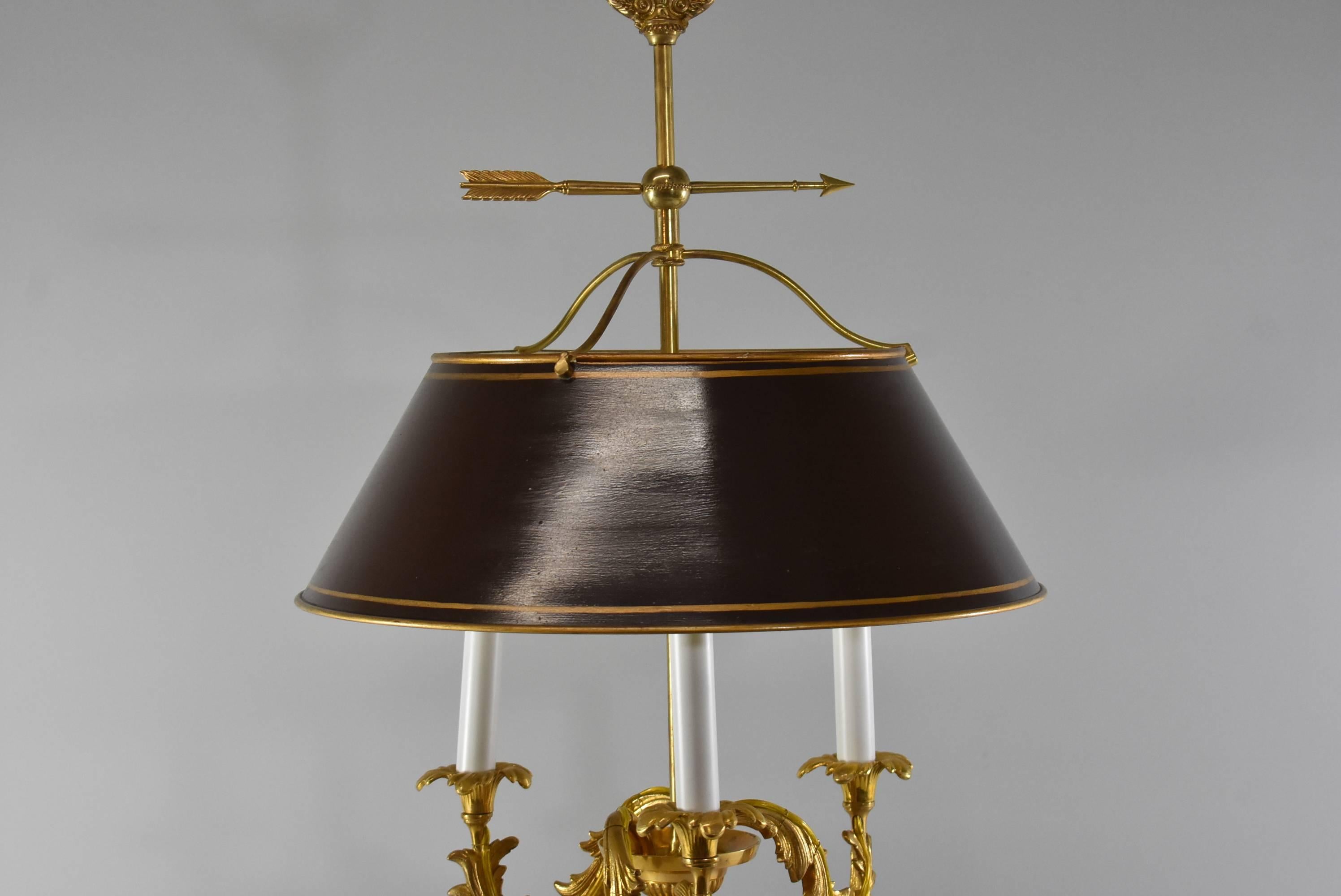 Three Socket Brass Bouilotte Desk Lamp with Tole Shade and Marble Base In Good Condition In Toledo, OH