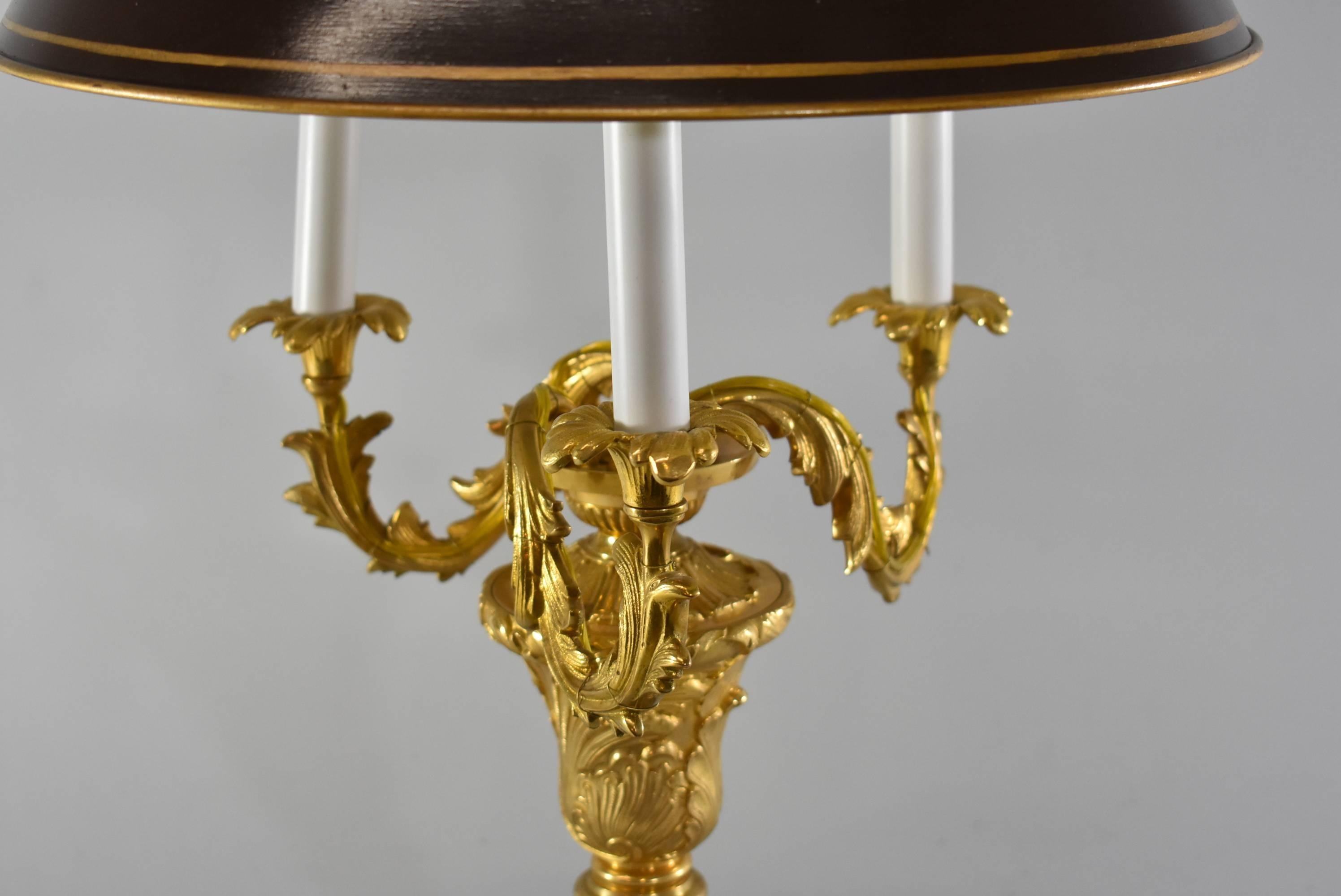20th Century Three Socket Brass Bouilotte Desk Lamp with Tole Shade and Marble Base