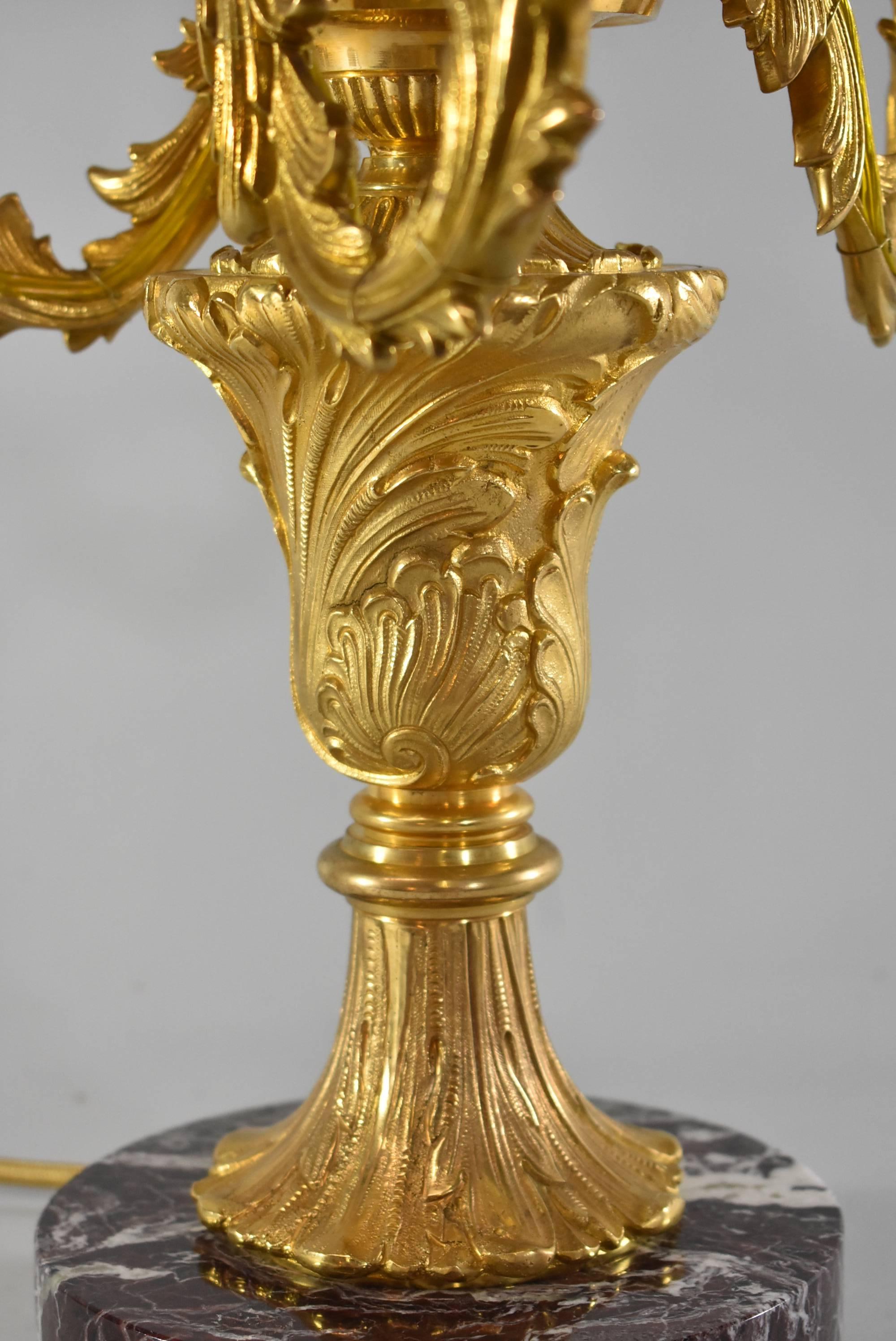 Three Socket Brass Bouilotte Desk Lamp with Tole Shade and Marble Base 1