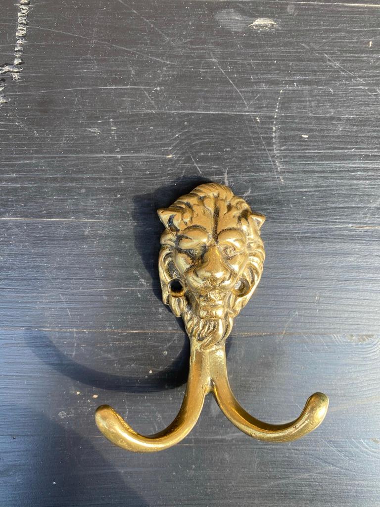 Hollywood Regency 3 Solid Brass Coat / Hat Hooks with Loins Head, France, 1973