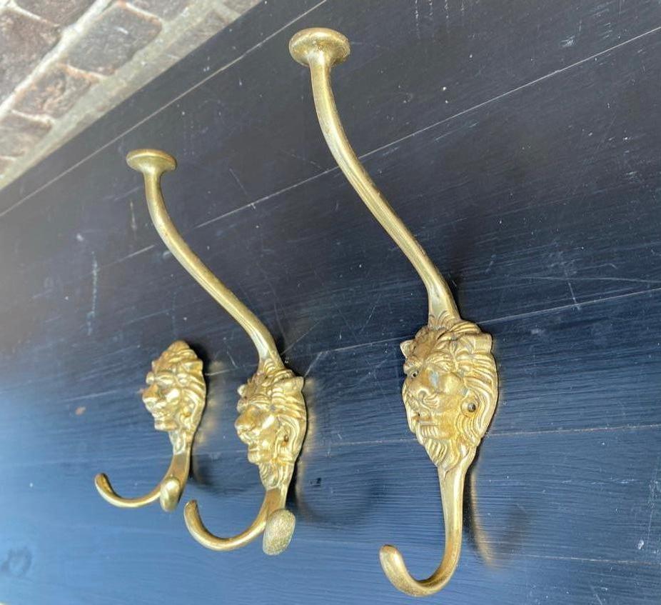 French 3 Solid Brass Coat / Hat Hooks with Loins Head, France, 1973
