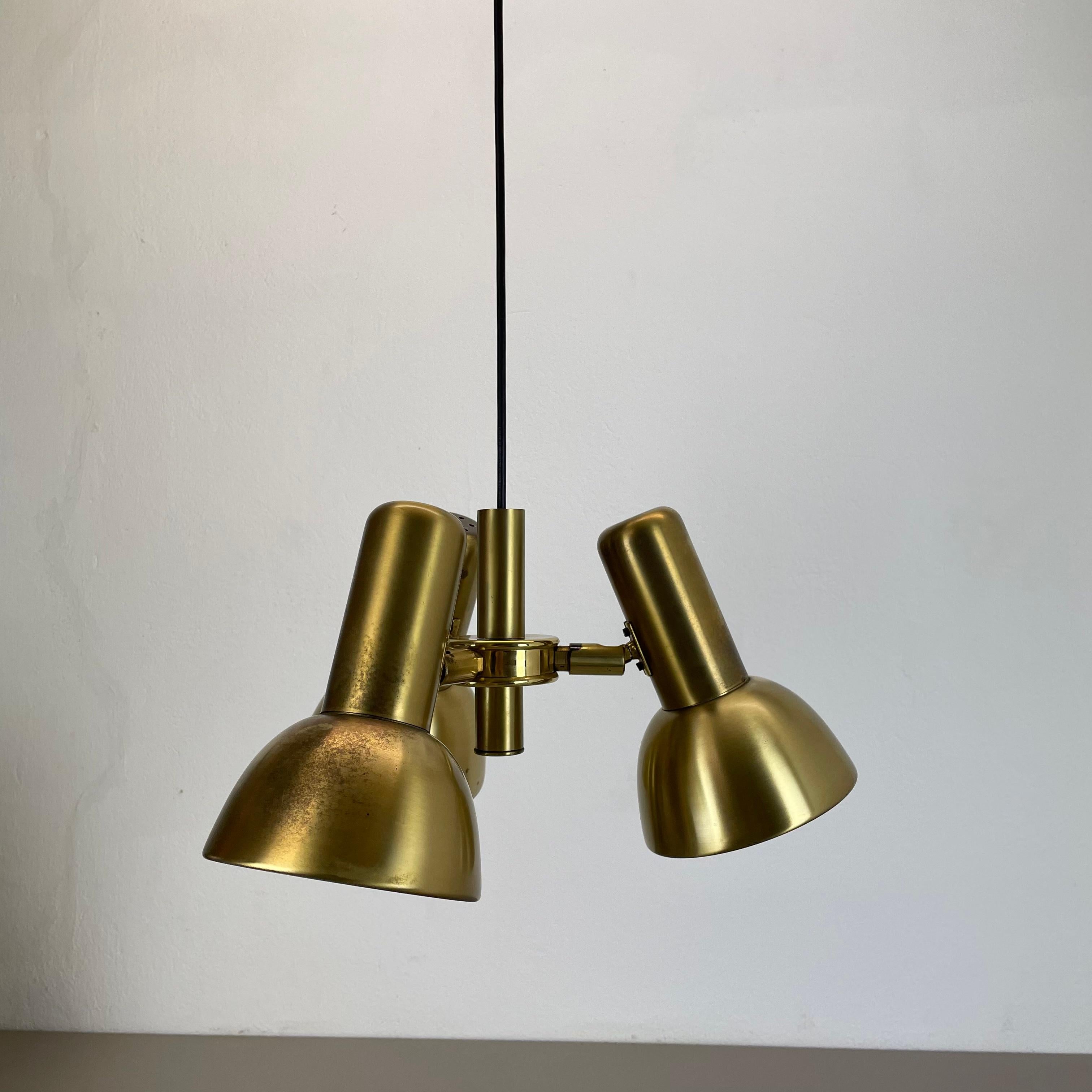 20th Century 3-Spot Brass Tone Hanging Light Koch and Lowy Style OMI Lighting, Germany, 1970 For Sale