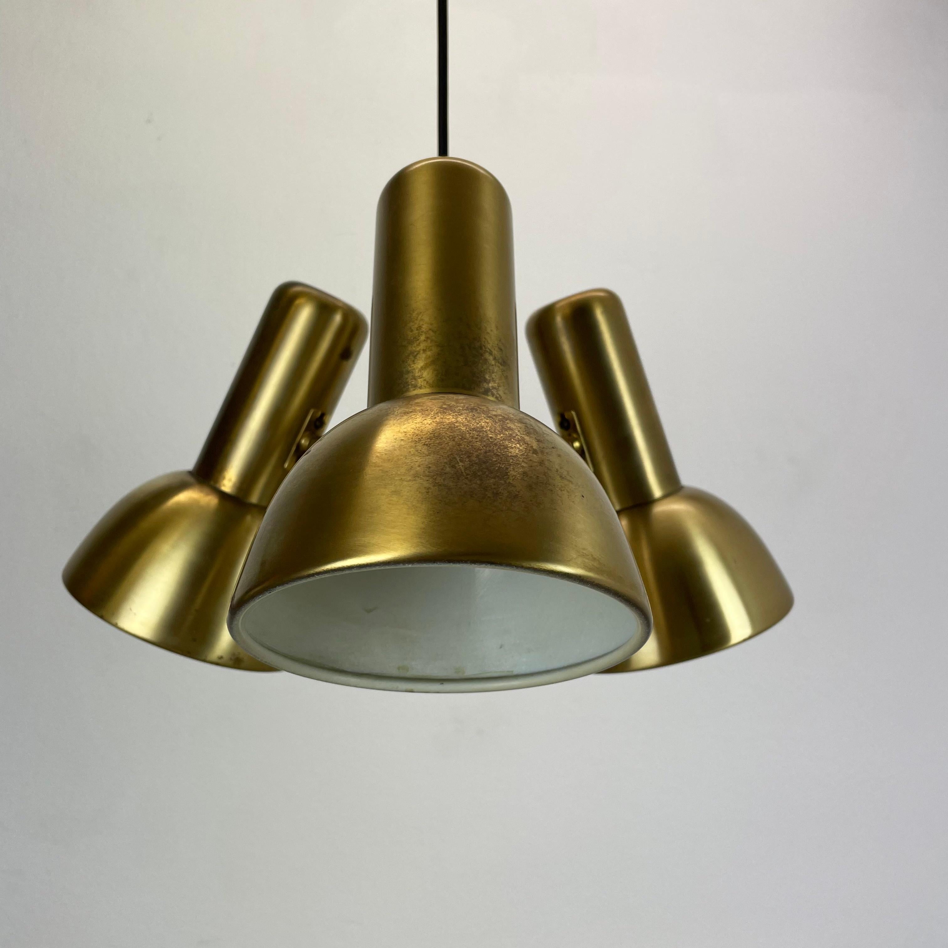 Metal 3-Spot Brass Tone Hanging Light Koch and Lowy Style OMI Lighting, Germany, 1970 For Sale