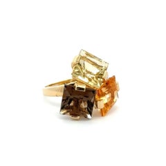 3 Square Citrine and Quartz Gold Modern Statement Ring