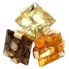 3 anelli quadrati in oro con citrino e quarzo