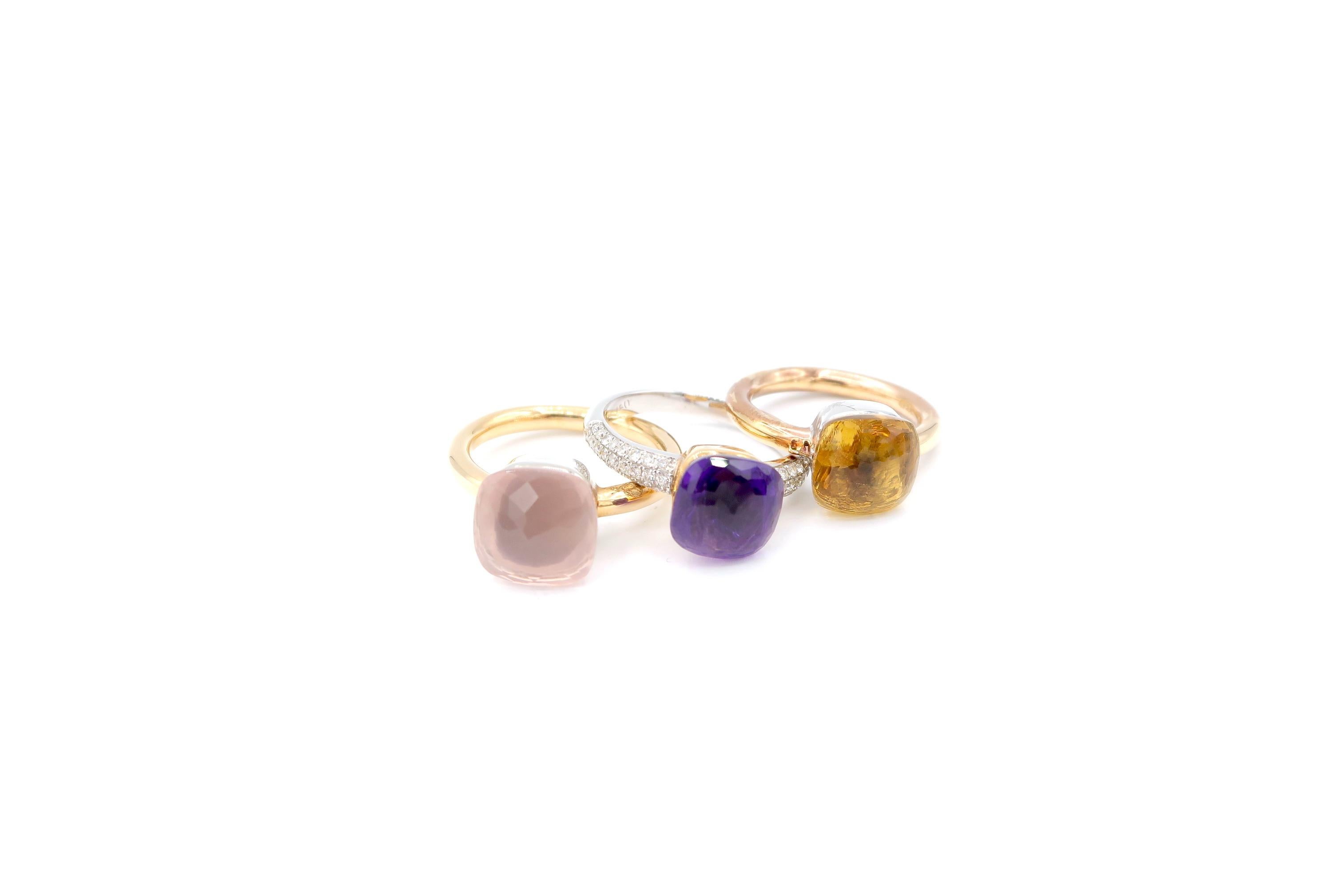 3 Gold Rings Set: Special Faceted Rose Quartz, Citrine, and Diamond Pavé Amethyst

Special Faceted Rose Quartz Plain Ring in 18K Gold 
Ring Size: 57
Rose Quartz: 5.05 ct
Gold: 18K Gold, 7.62 g

Special Faceted Citrine Plain Ring in 18K Gold 
Ring