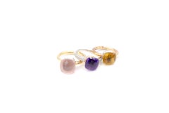 3 Stackable Solitaire Gold Rings Special Faceted Rose Quartz, Citrine & Amethyst