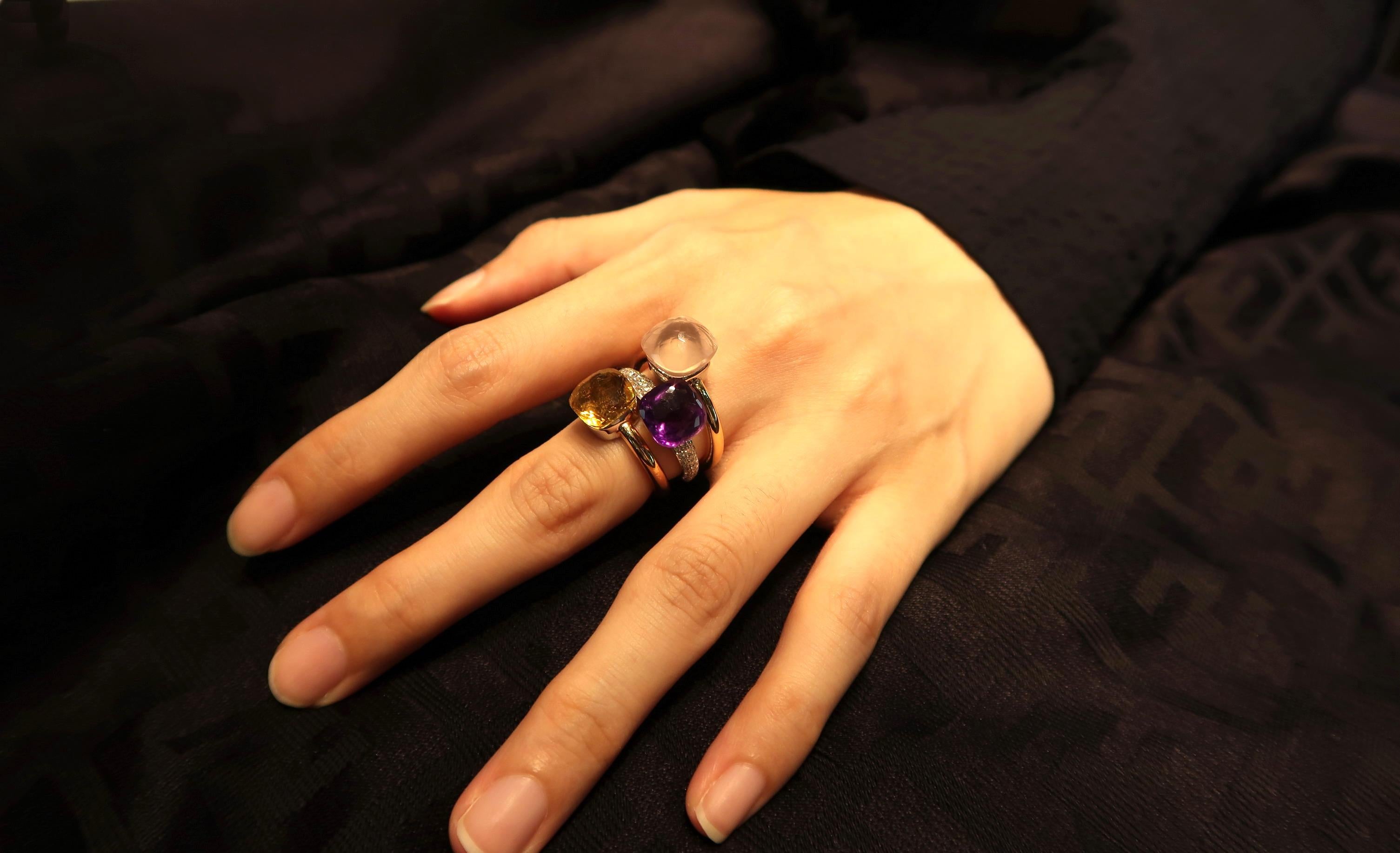 Contemporary 3 Stackable Solitaire Gold Rings Special Faceted Rose Quartz, Citrine & Amethyst For Sale