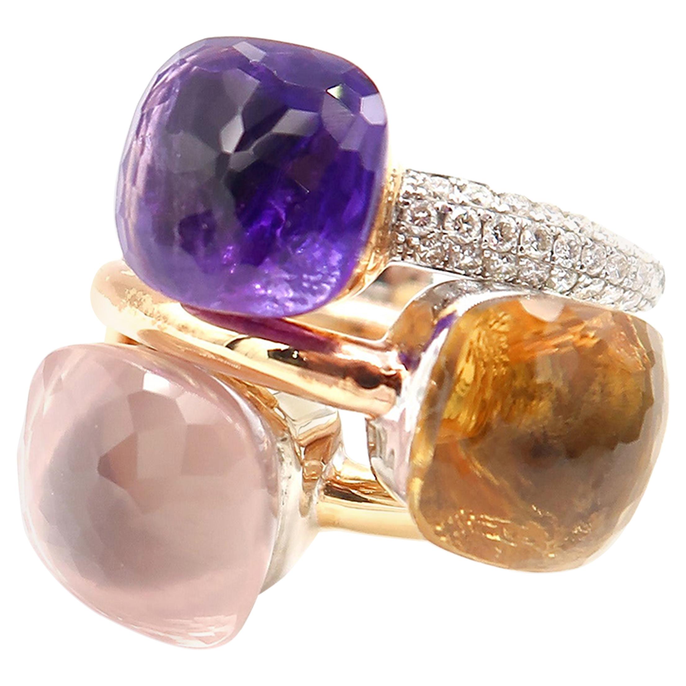 3 Stackable Solitaire Gold Rings Special Faceted Rose Quartz, Citrine & Amethyst For Sale