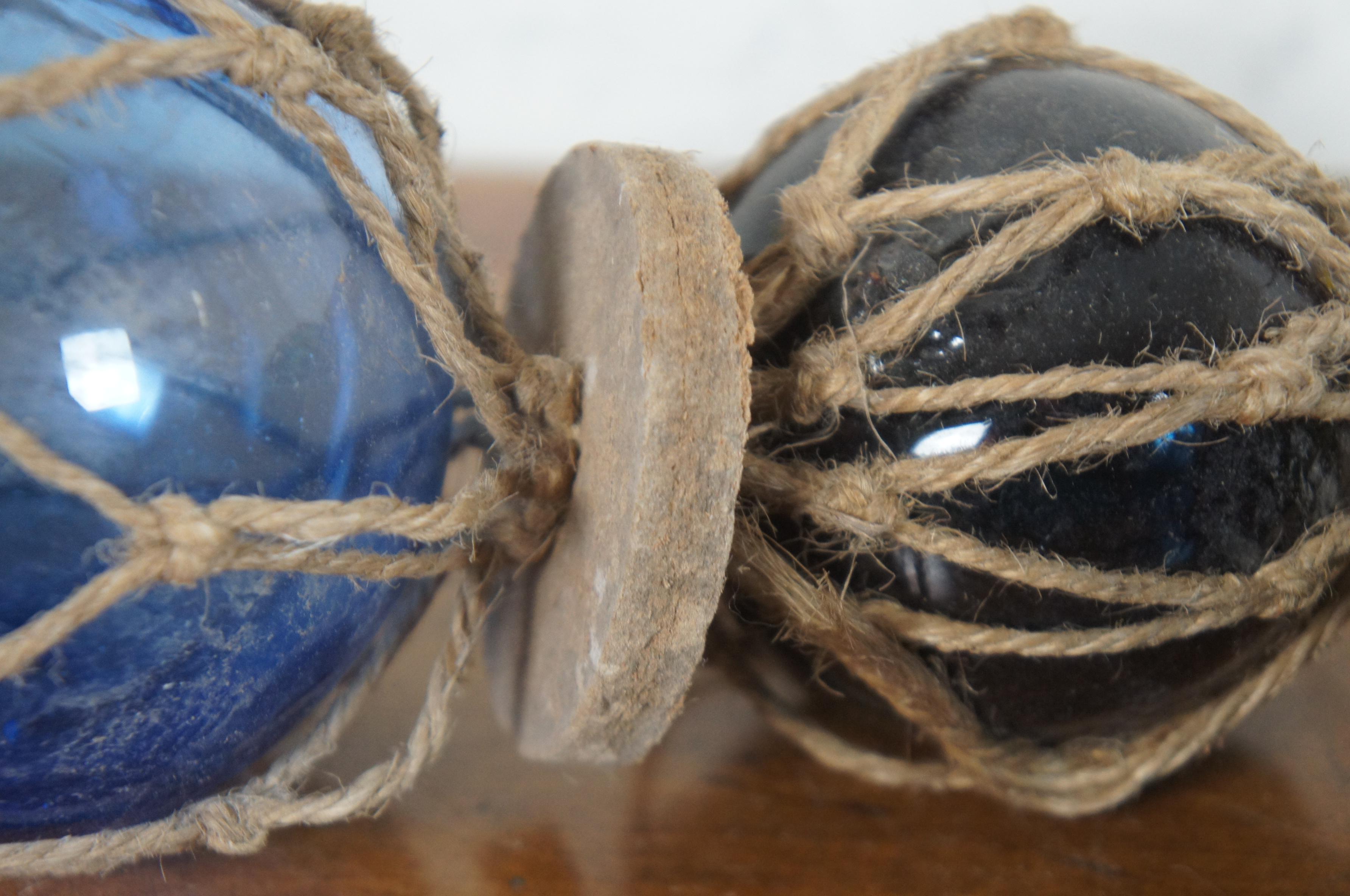 Jute 3 Stacked Japanese Hand Blown Glass Fishing Buoy Floats Net Marker Nautical 15