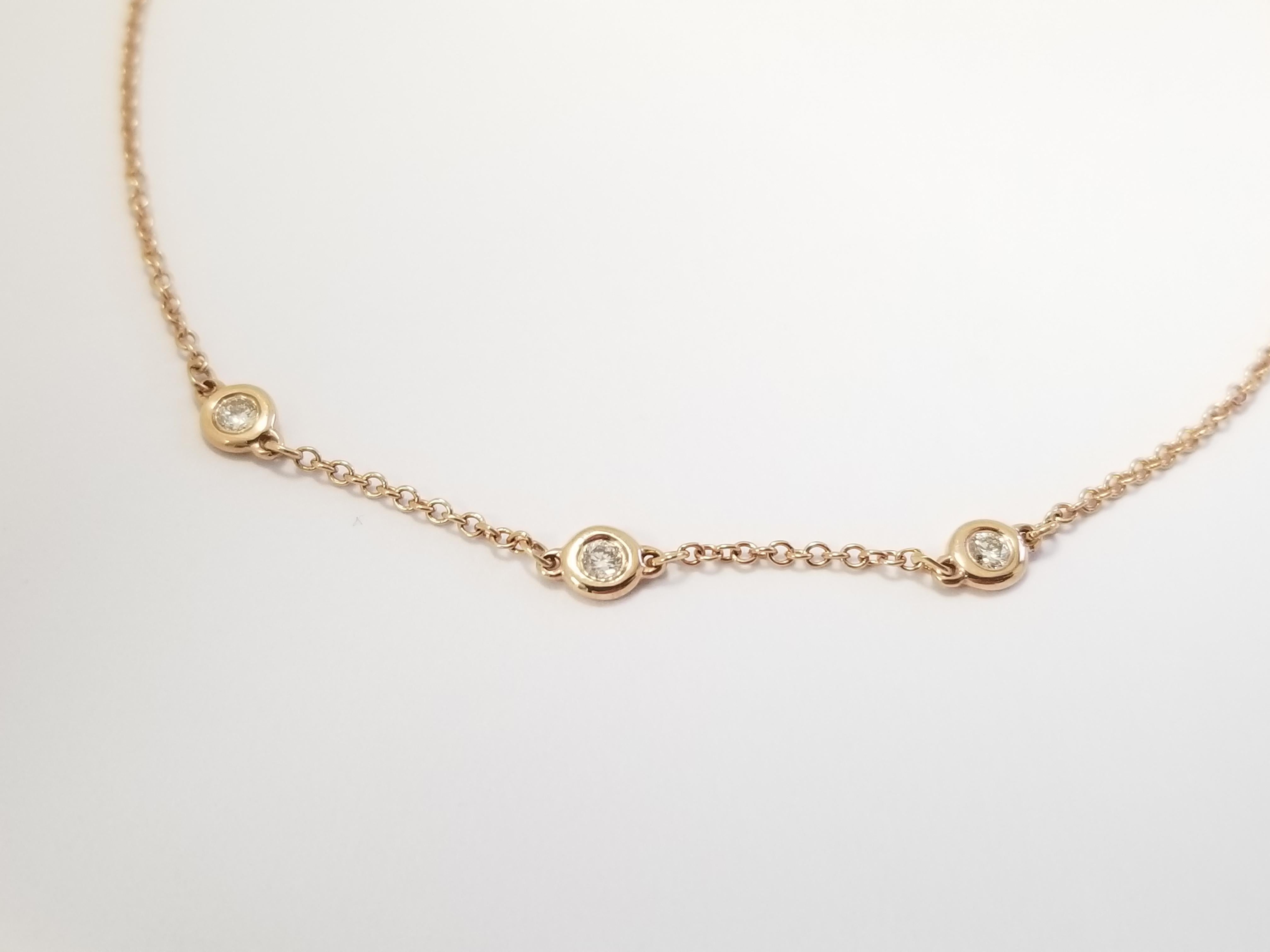 Beautiful Collection 3-Stations Diamond by the Yard Bracelet
Metal: 14K Rose Gold
Diamond Weight: 0.12 cttw
Length: 8 inches
Closure: Lobster Clasp

Add a touch of effortless elegance to your everyday look with this timeless 3-station 