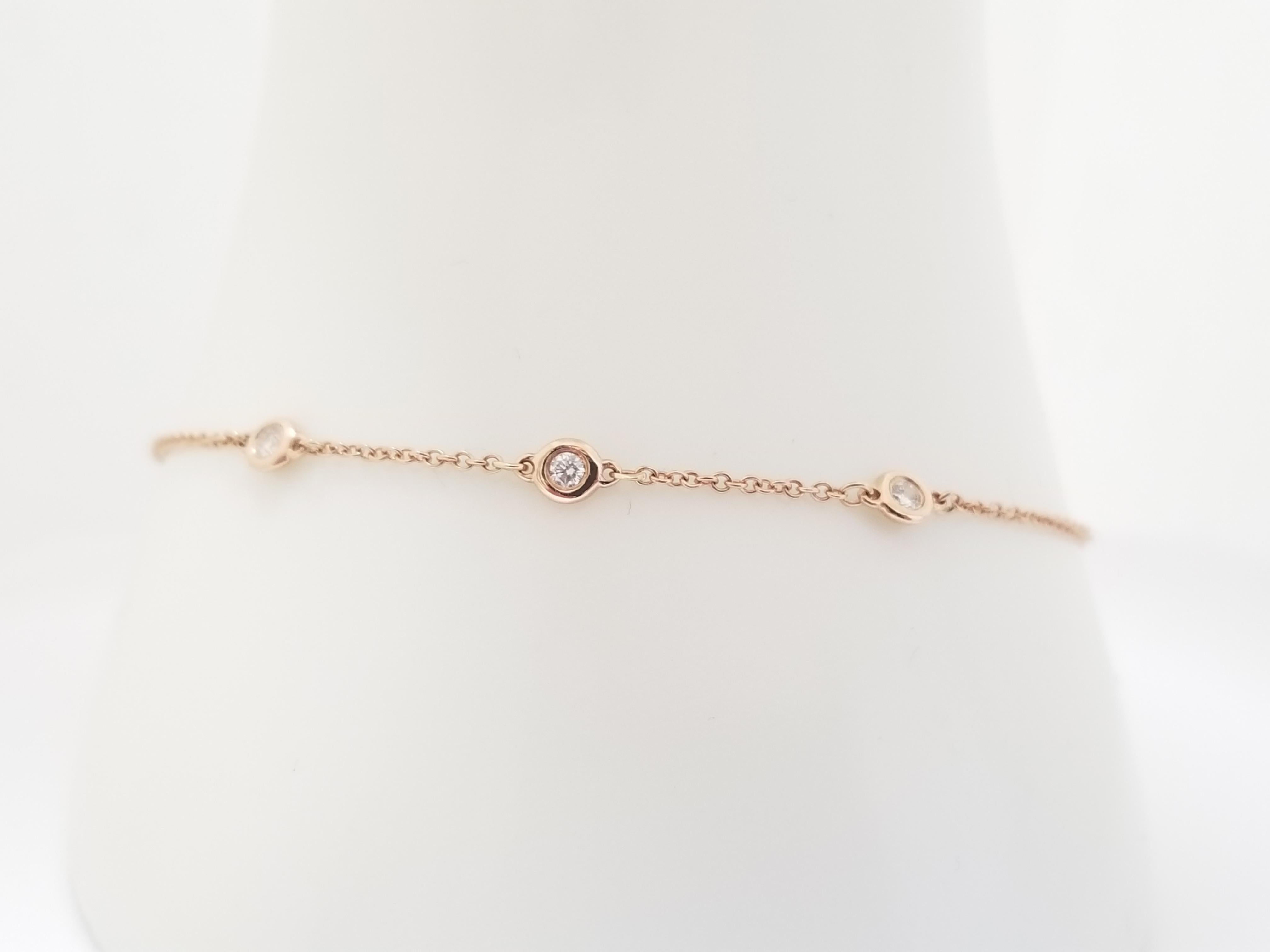 Round Cut 3 Stations Natural Diamond by the Yard Bracelet 14 Karat Rose Gold