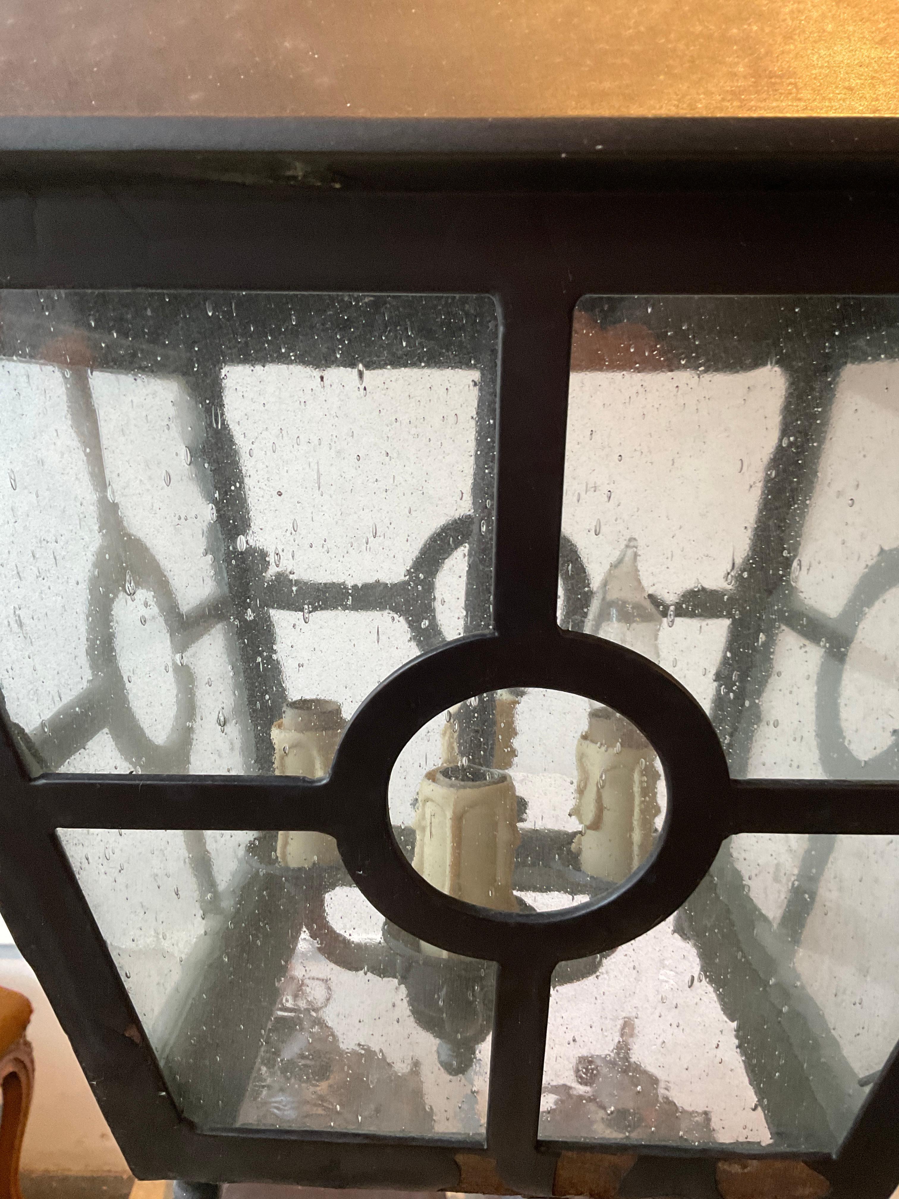 3 Steel Classical Lanterns With Antiqued Bubble Glass For Sale 1