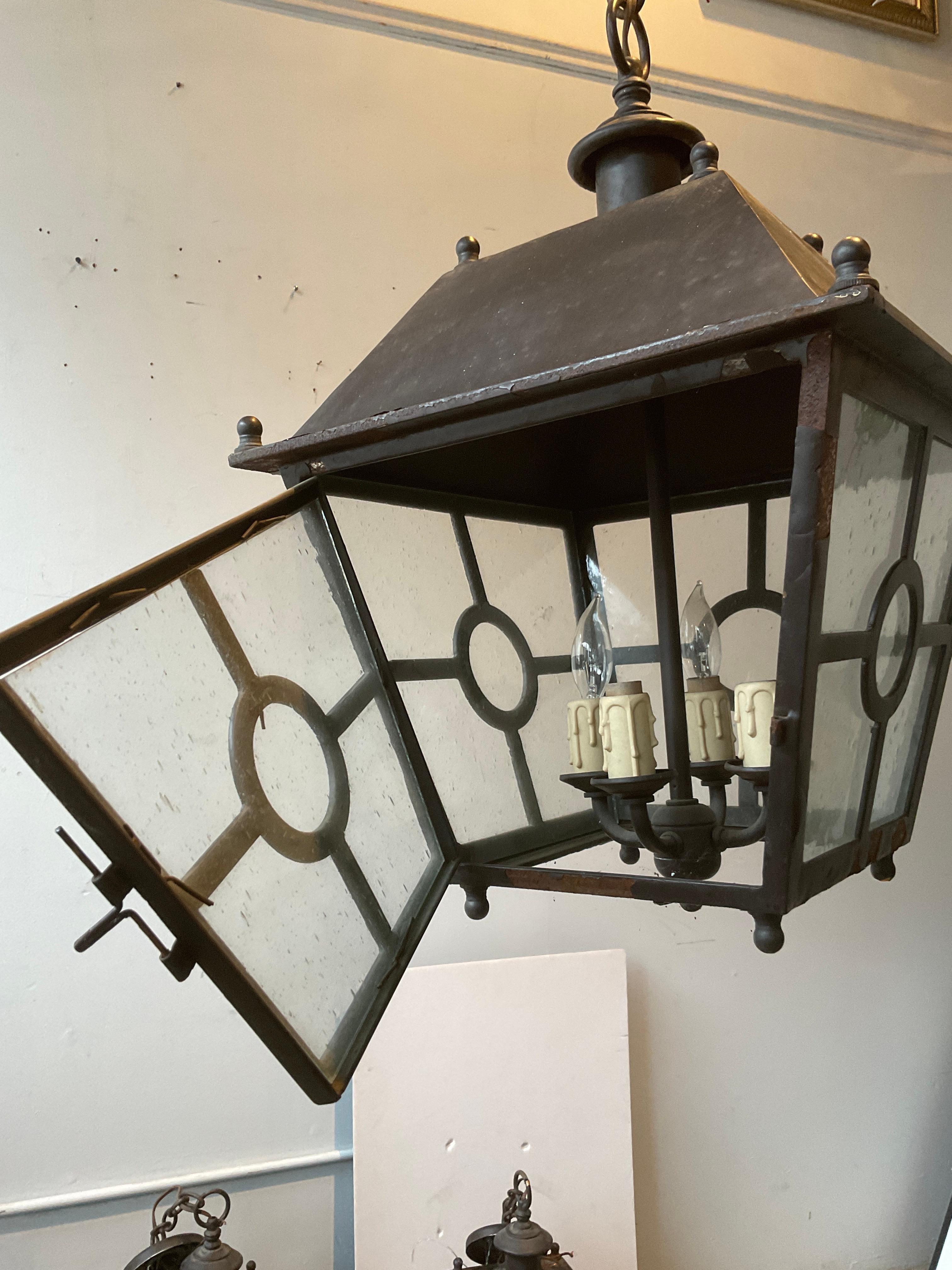3 Steel Classical Lanterns With Antiqued Bubble Glass For Sale 2