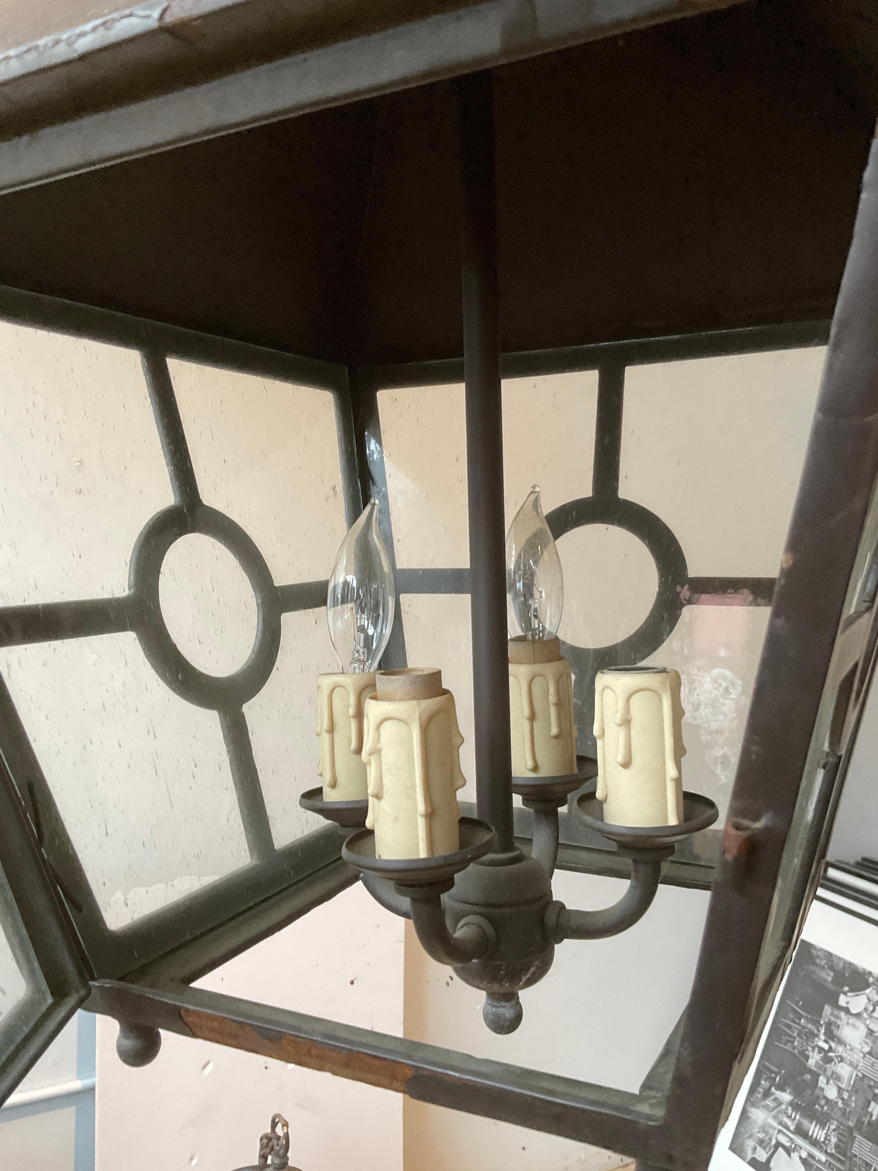 3 Steel Classical Lanterns With Antiqued Bubble Glass For Sale 3