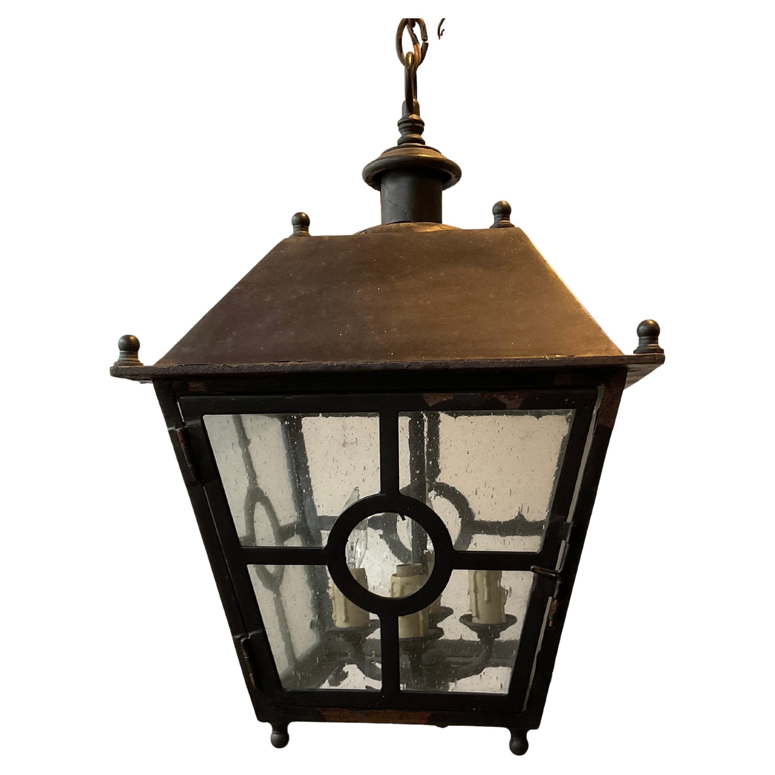 3 Steel Classical Lanterns With Antiqued Bubble Glass For Sale