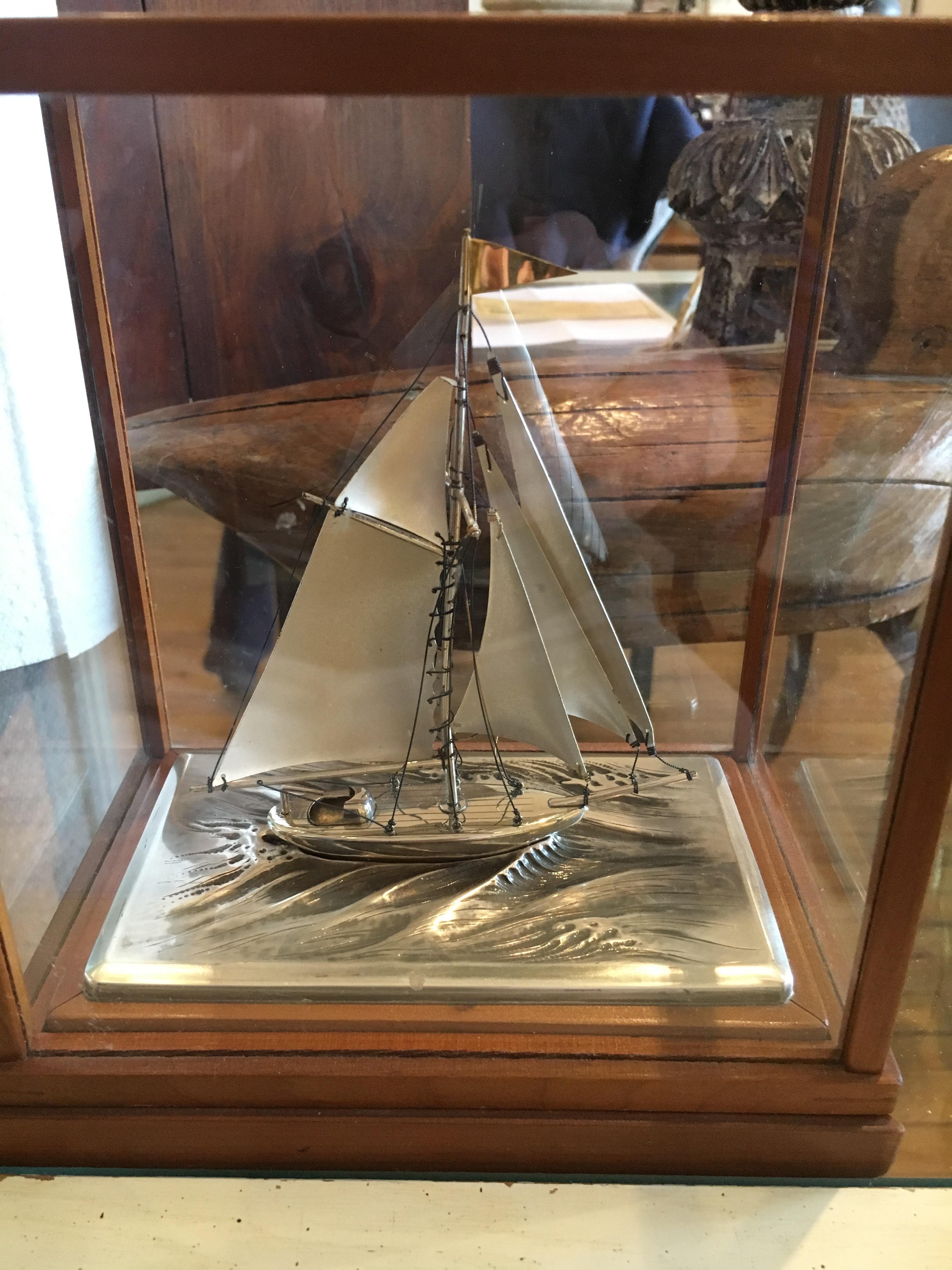 3 Sterling Silver Full Mast Ships in Glass and Ebonized Wood Case Priced per s For Sale 3