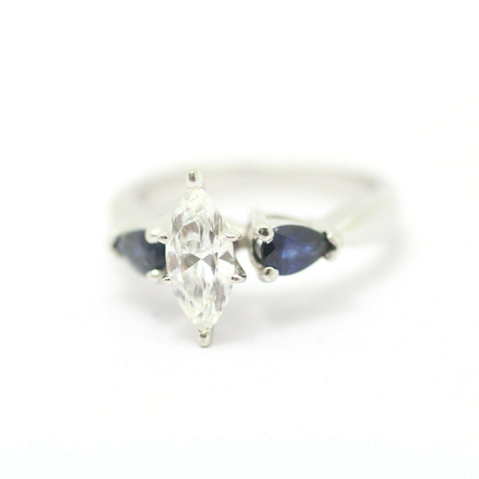 MARQUISE DIAMOND AND PEAR-SHAPED BLUE SAPPHIRE SOLITAIRE RING IN 14K WHITE GOLD
Specifications:
    main stone: MARQUISE DIAM 0.64 CARAT
    SIDE STONE: 2 PCS. PS BLUE SAPPHIRE 4.87-3.03MM
    carat total weight: APPROXIMATELY 0.64 CTW
    color: H
