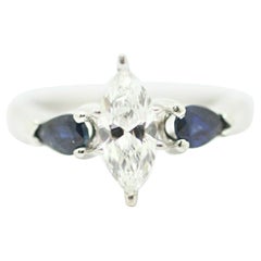 3 Stone 14k White Gold Marquise Cut Diamond with Blue Sapphire Sides