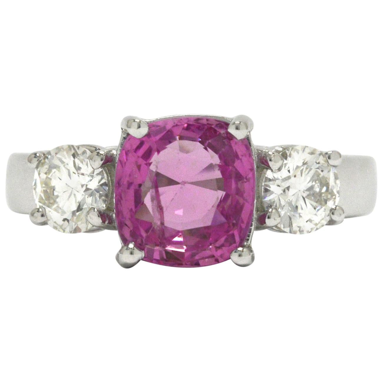 GIA Certified Classic Pink Sapphire & Diamond 3 Stone Engagement Ring