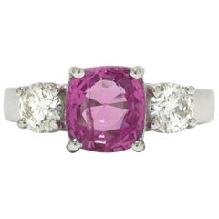 GIA Certified Classic Pink Sapphire & Diamond 3 Stone Engagement Ring