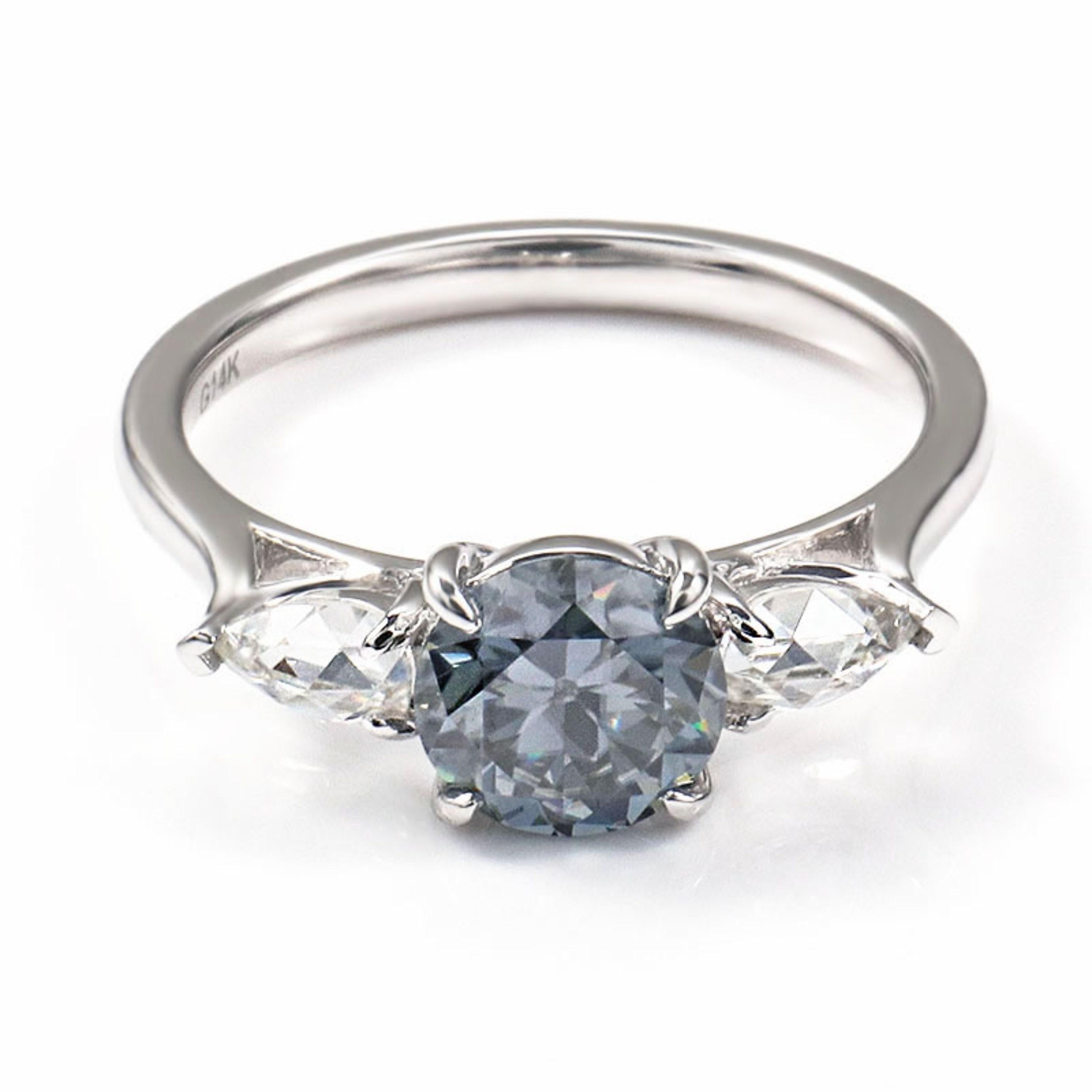 For Sale:  3 Stone Black Diamond Engagement Ring Unique Black White Gold Wedding Ring 2