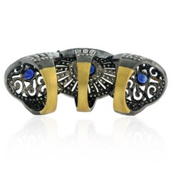3 Stone Blue Sapphire Knuckle Ring with Pave Diamonds Made in 18k Gold & Silver