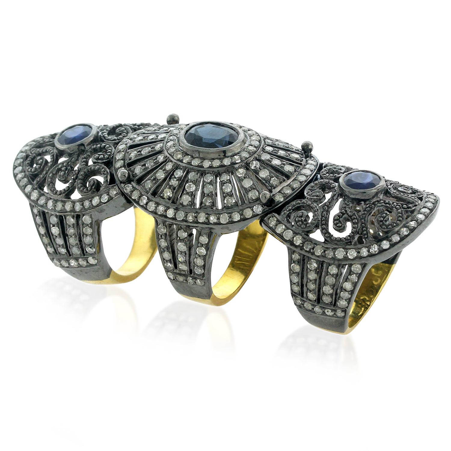 Art Nouveau 3 Stone Blue Sapphire Knuckle Ring with Pave Diamonds Made in 18k Gold & Silver For Sale