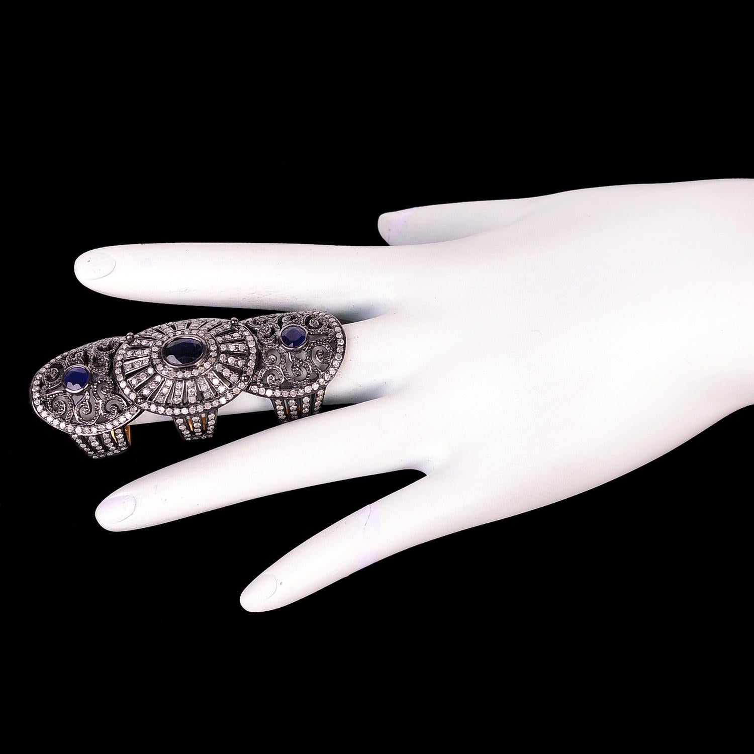 Mixed Cut 3 Stone Blue Sapphire Knuckle Ring with Pave Diamonds Made in 18k Gold & Silver For Sale