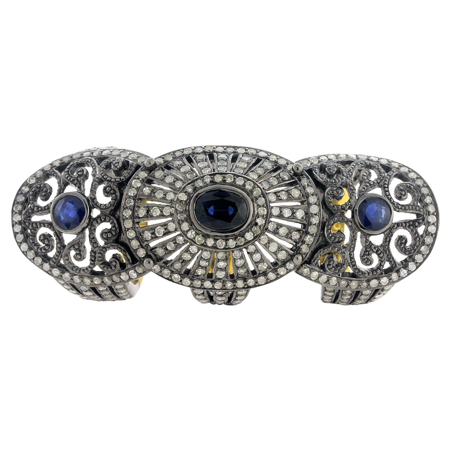 3 Stone Blue Sapphire Knuckle Ring with Pave Diamonds Made in 18k Gold & Silver For Sale