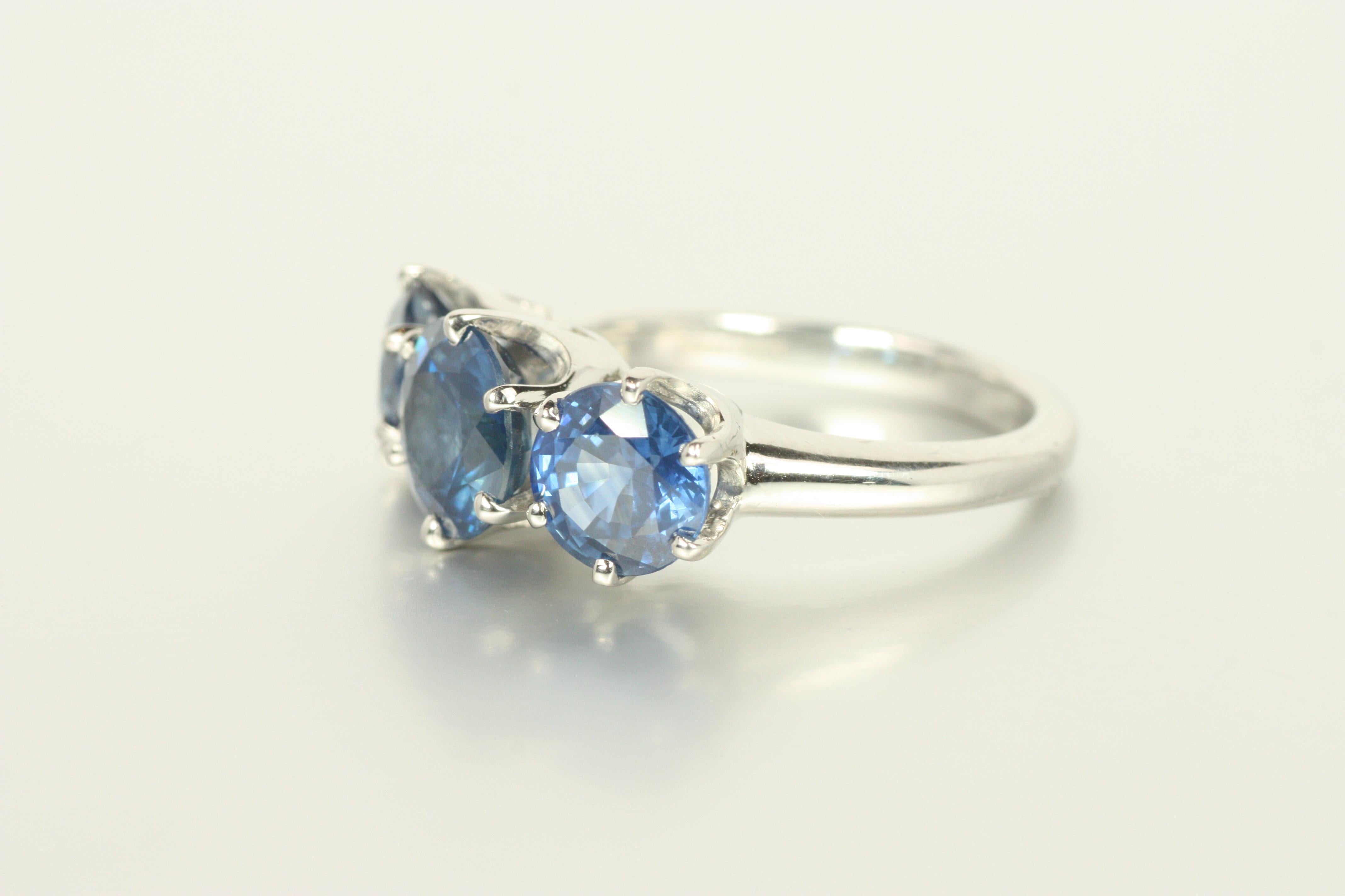 3-Stone Blue Sapphire Ring – 4.51cttw in Platinum Pronged Setting In New Condition For Sale In Santa Monica, CA